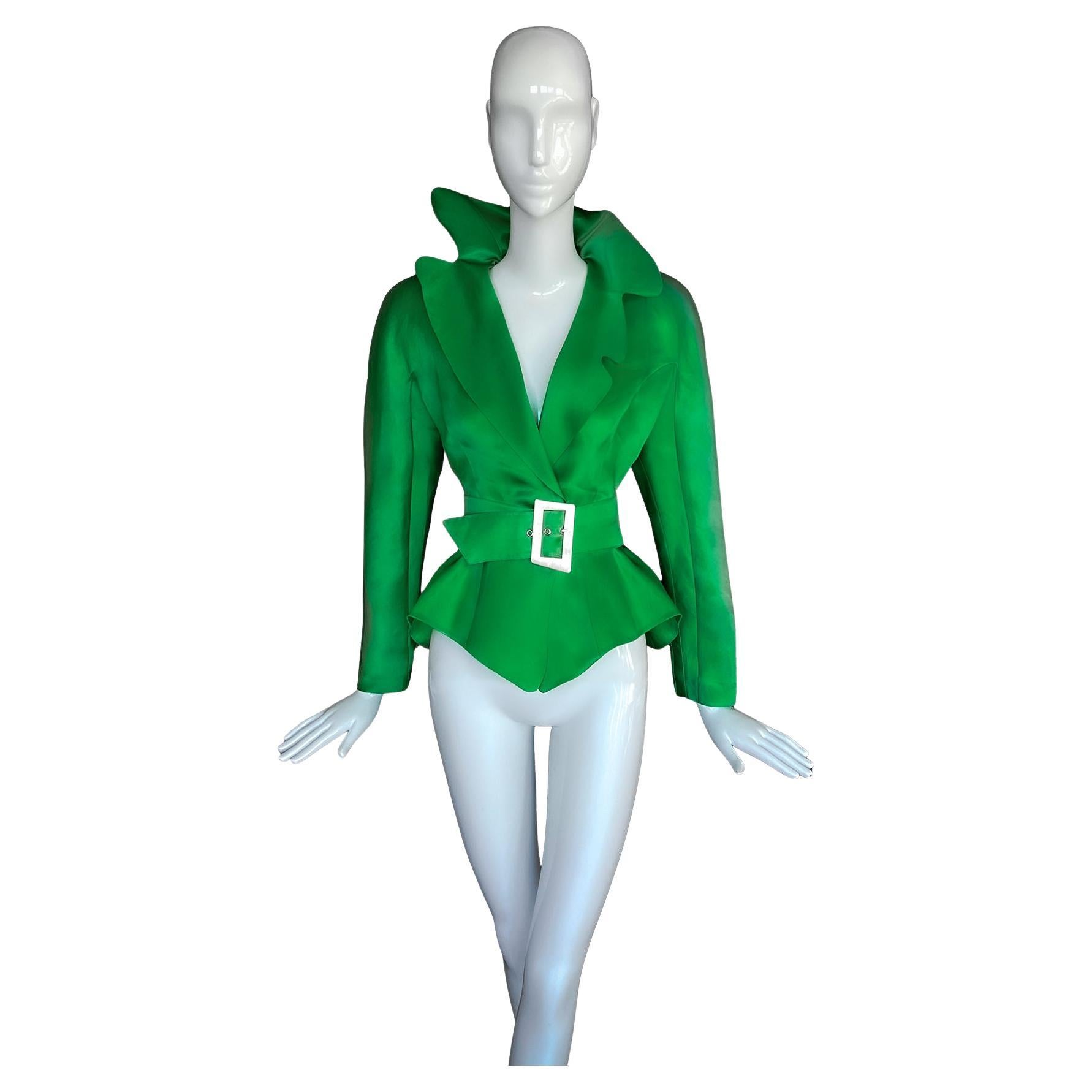 Iconic "Samantha Jones" Thierry Mugler Electric Green Silk Blouse For Sale