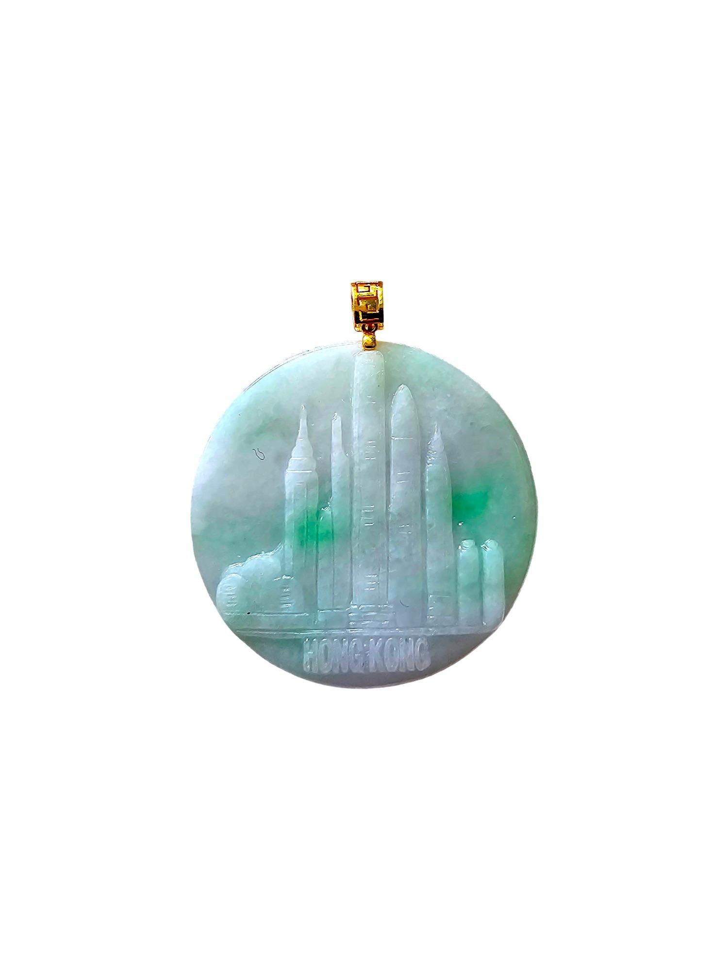 Iconic Skyline of Hong Kong Burmese A-Jade Pendant (with 18K Yellow Gold) For Sale 4