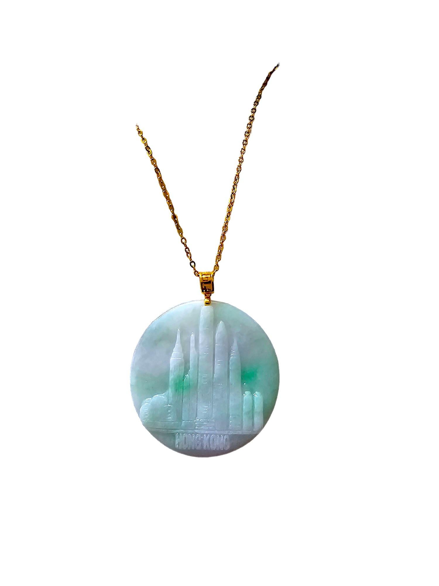 Cabochon Iconic Skyline of Hong Kong Burmese A-Jade Pendant (with 18K Yellow Gold) For Sale