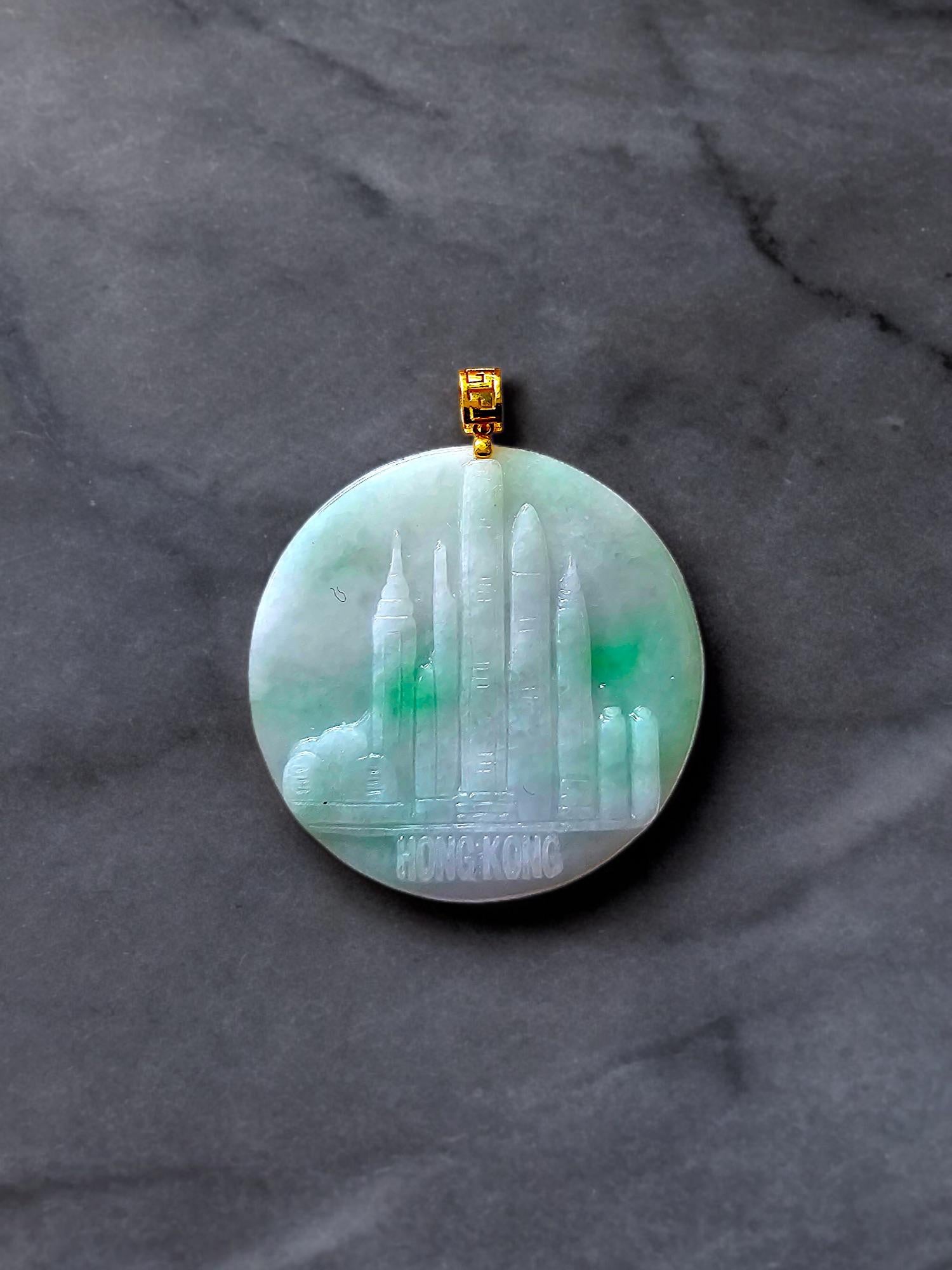 Women's or Men's Iconic Skyline of Hong Kong Burmese A-Jade Pendant (with 18K Yellow Gold) For Sale