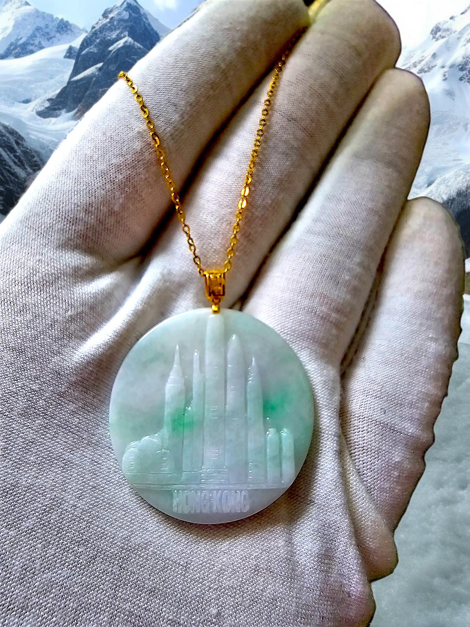 Iconic Skyline of Hong Kong Burmese A-Jade Pendant (with 18K Yellow Gold) For Sale 1