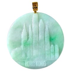 Iconic Skyline of Hong Kong Burmese A-Jade Pendant (with 18K Yellow Gold)