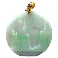 Iconic Skyline of New York City Burmese A-Jade Pendant (with 18K Yellow Gold)