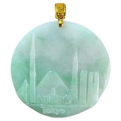 Iconic Skyline of Tokyo Burmese A-Jade Pendant (with 18K Yellow Gold)