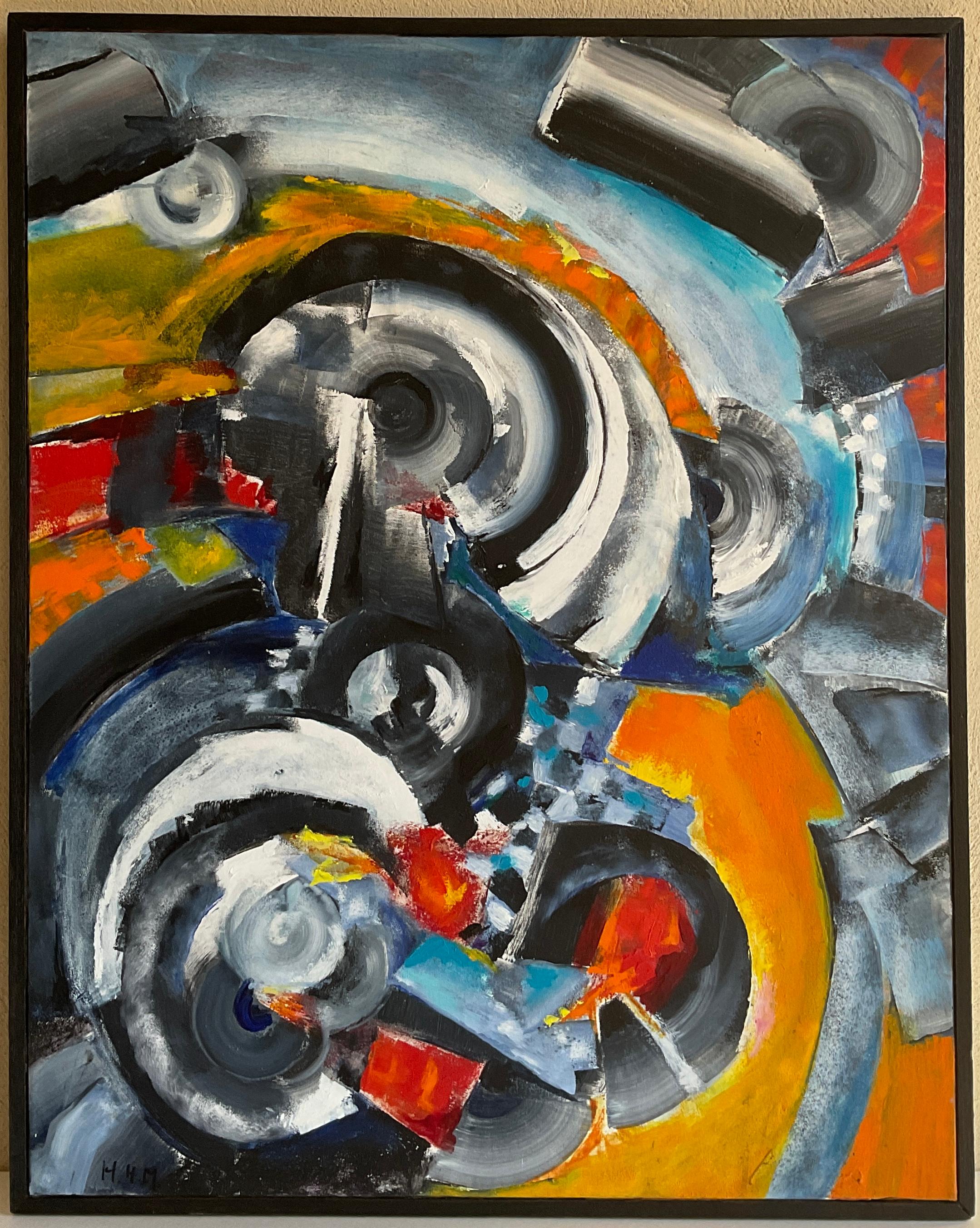 A stunning composition or oil on canvas painting by Heidi Melano, in the manner of Sonia Delaunay. This abstract painting was painted during the period when Heidi Melano was already creating her most famous mosaics in collaboration with Fernand
