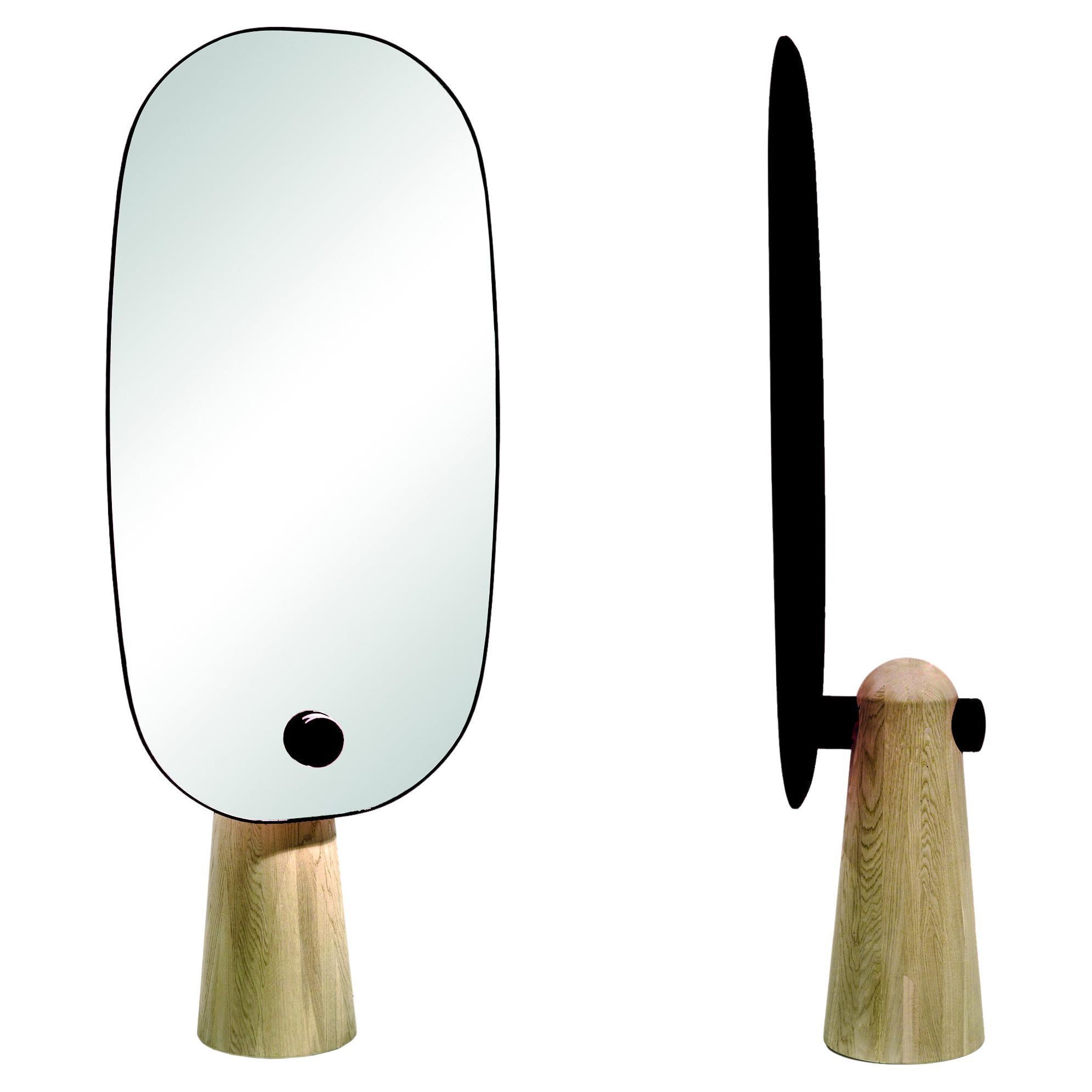 Iconic Standing Mirror Natural Oak Base, Black Structure For Sale