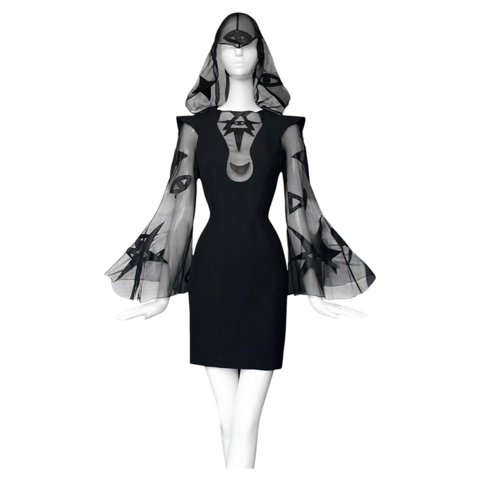 Iconic Therry Mugler Gown Hiver Shiva Surrealiste Black Sheer Silk For Sale