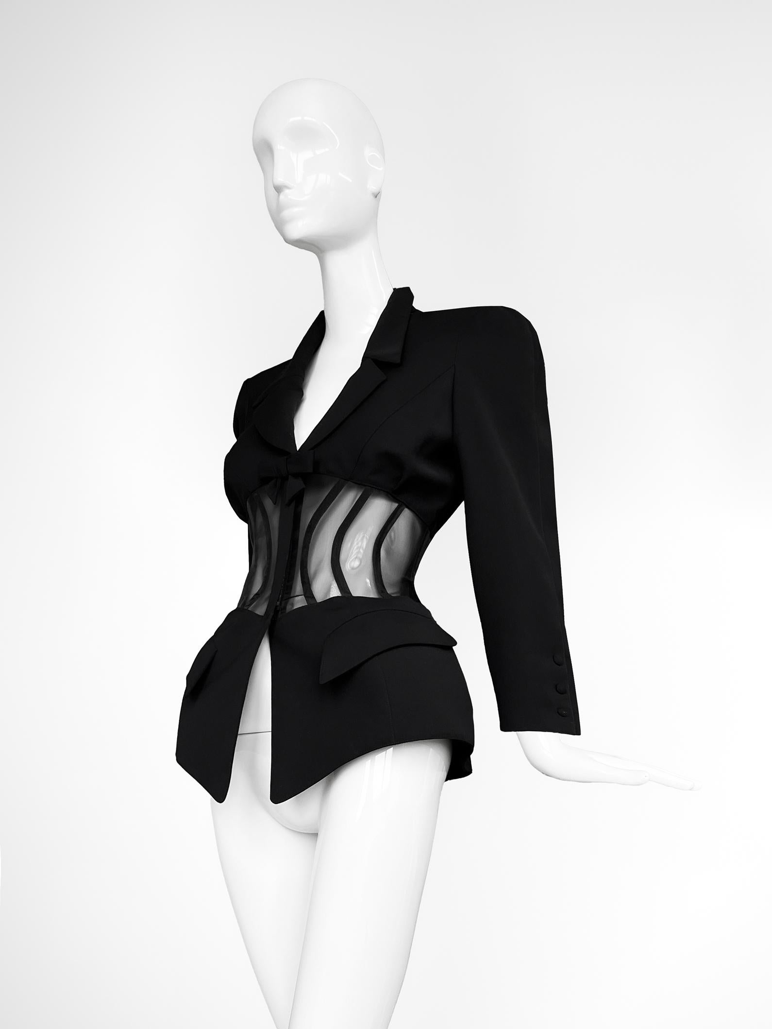 Black Iconic Thierry Mugler 1995 Sculptural Jacket with Sheer Boned Corset Waist For Sale