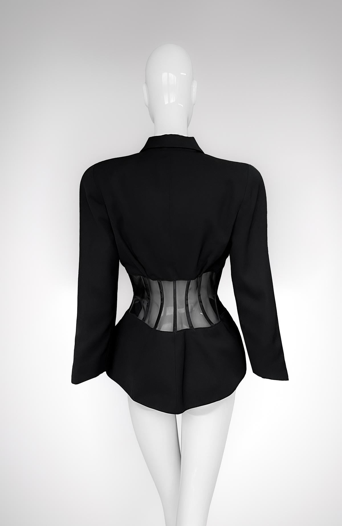 Iconic Thierry Mugler 1995 Sculptural Jacket with Sheer Boned Corset Waist For Sale 3