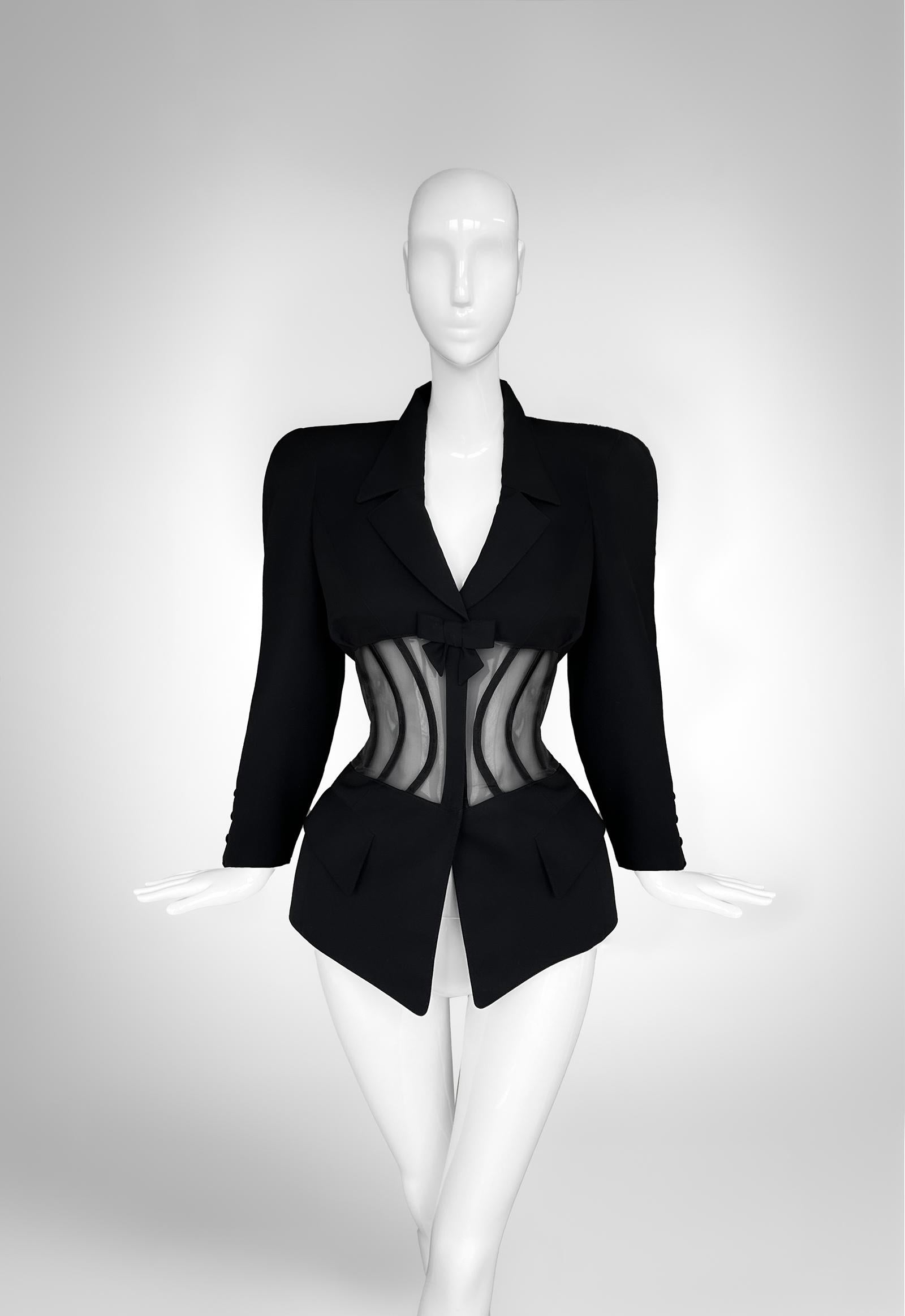 Iconic Thierry Mugler 1995 Sculptural Jacket with Sheer Boned Corset Waist For Sale 2