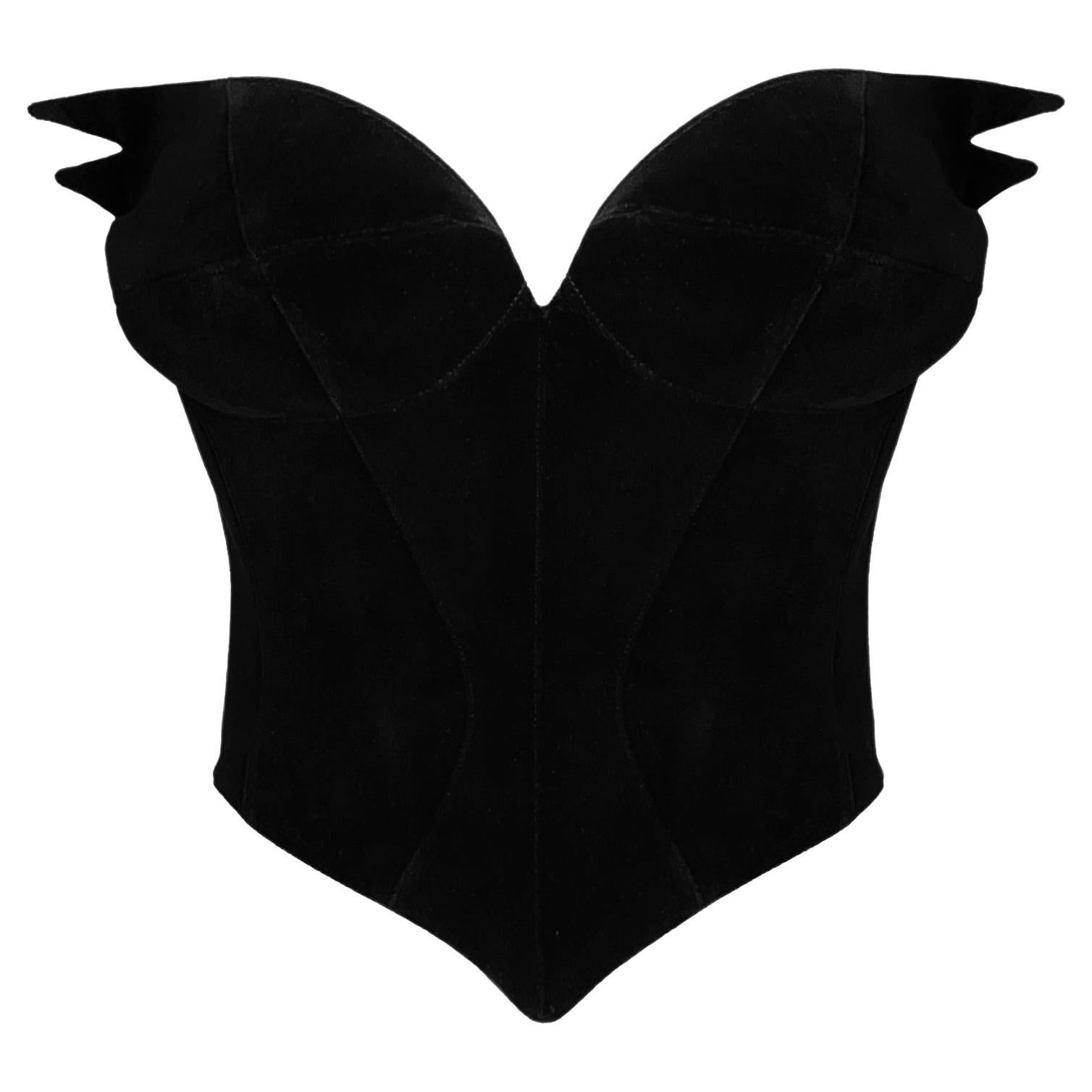 Iconic Thierry Mugler Black Velvet Bustier Top Dramatic Winged Corset For Sale