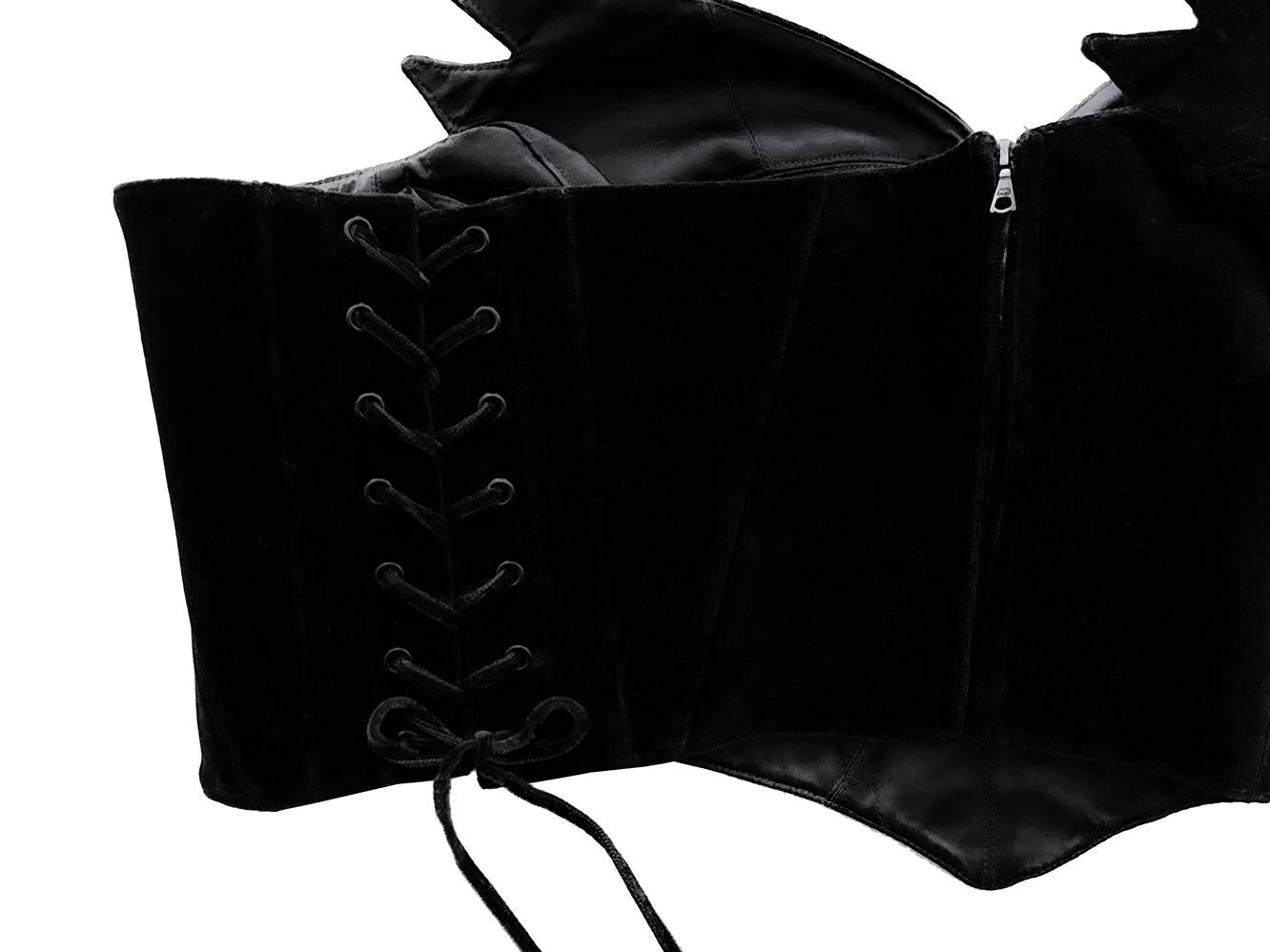 Iconic Thierry Mugler Black Velvet Bustier Top Dramatic Winged Corset For Sale 2
