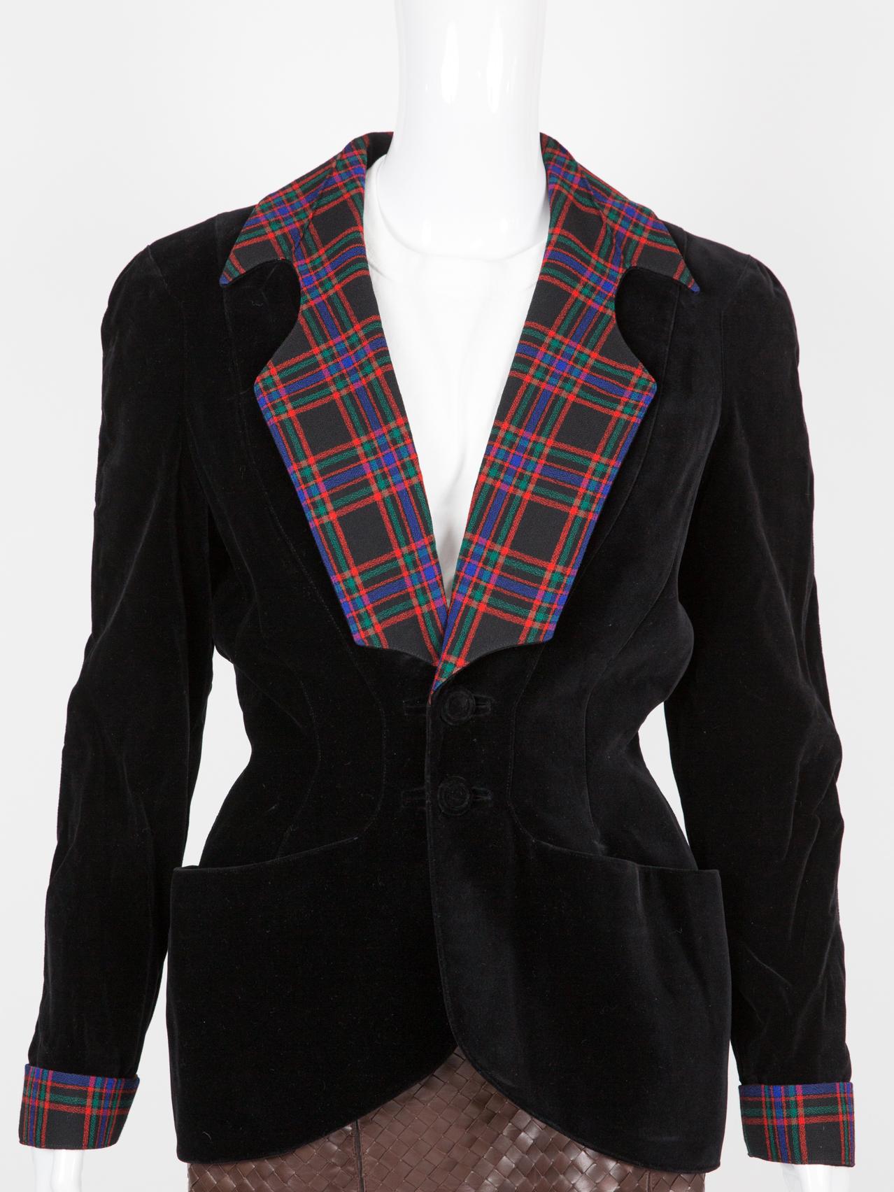 Iconic Thierry Mugler Black Velvet Jacket and Tartan Collar 3
