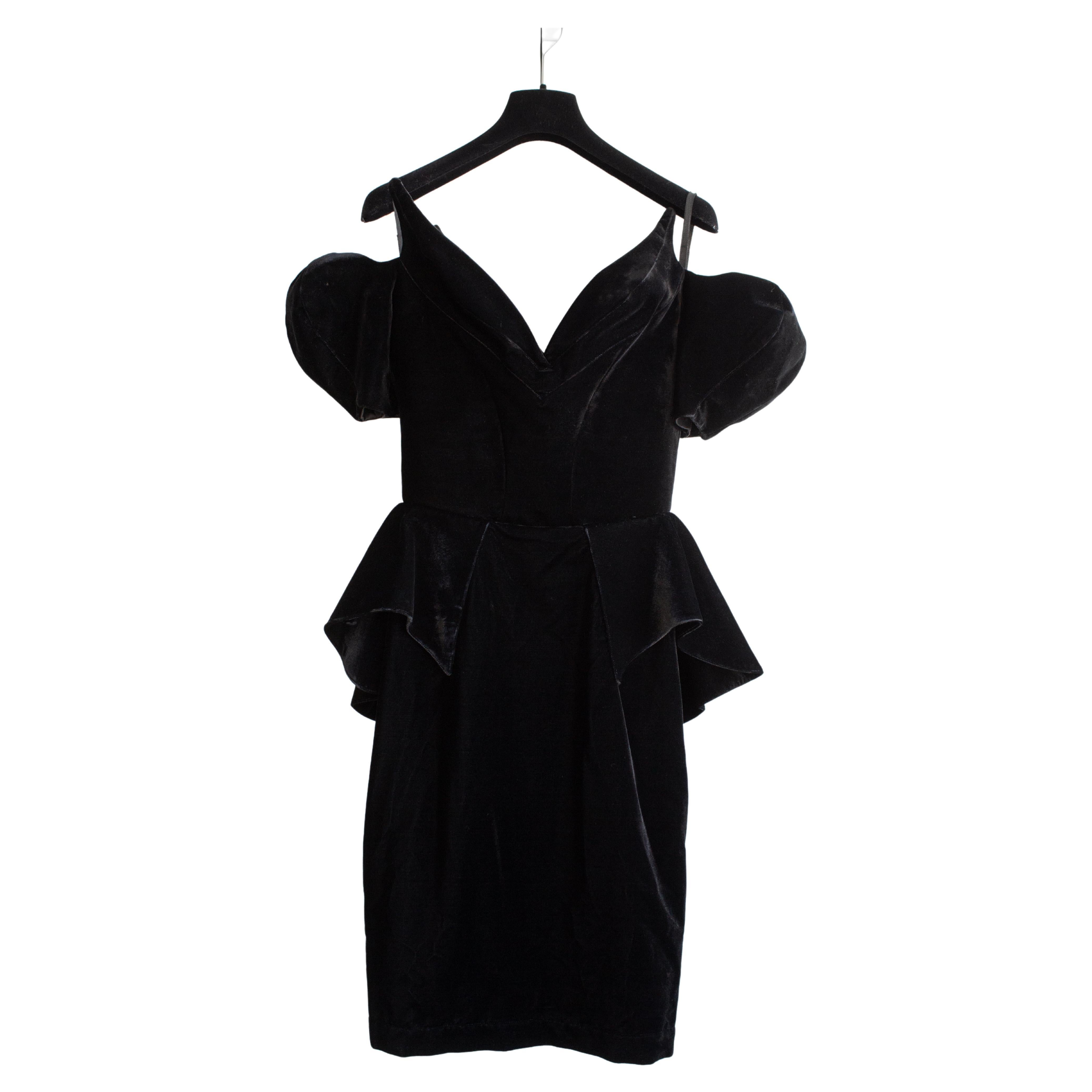 Iconic Thierry Mugler Vintage 1981 Black Velvet Peplum Vampire Dress For Sale