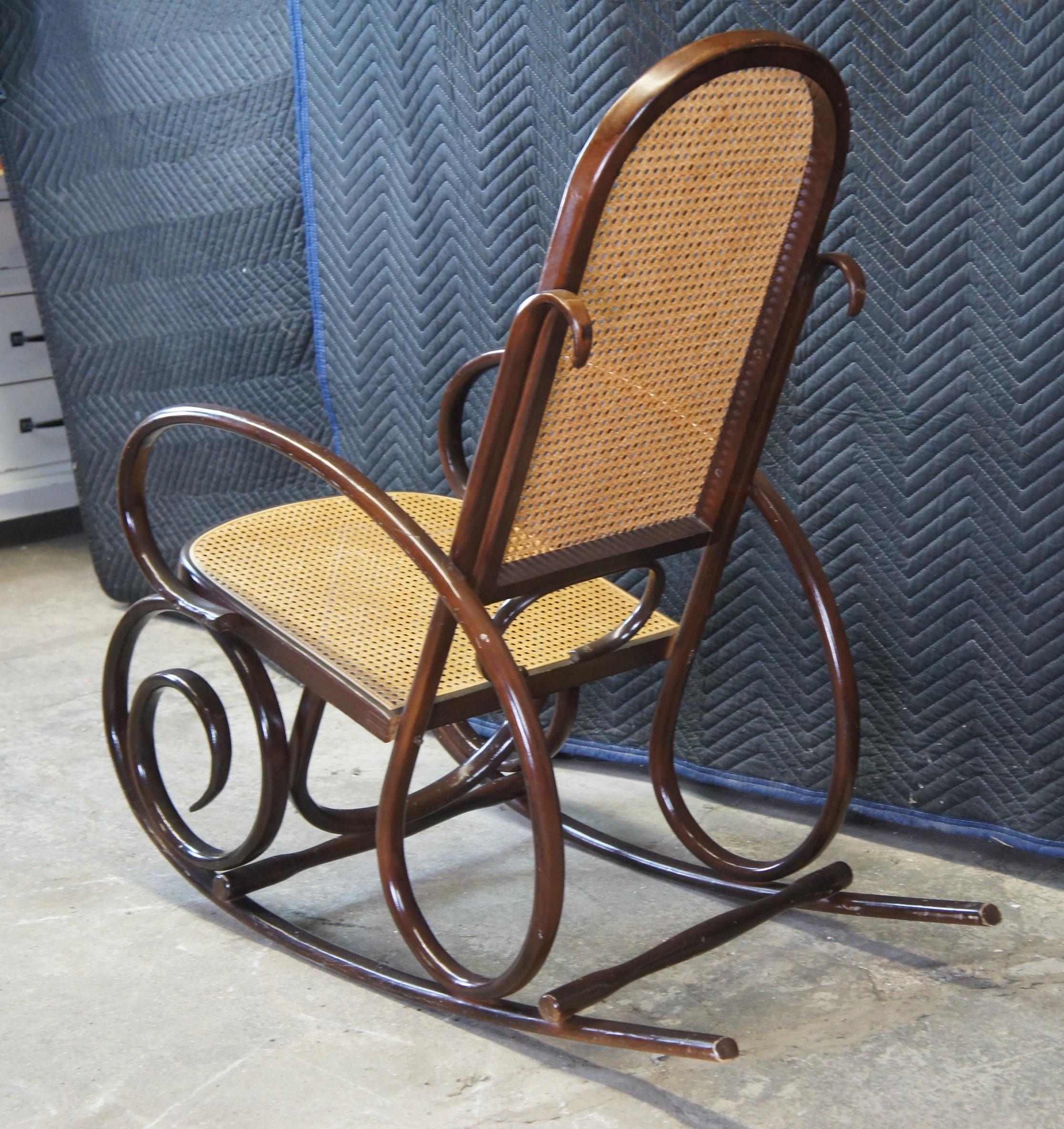 Victorian Iconic Thonet Style Bentwood Rocking Chair Natural Cane Rattan Seat Back Rocker For Sale