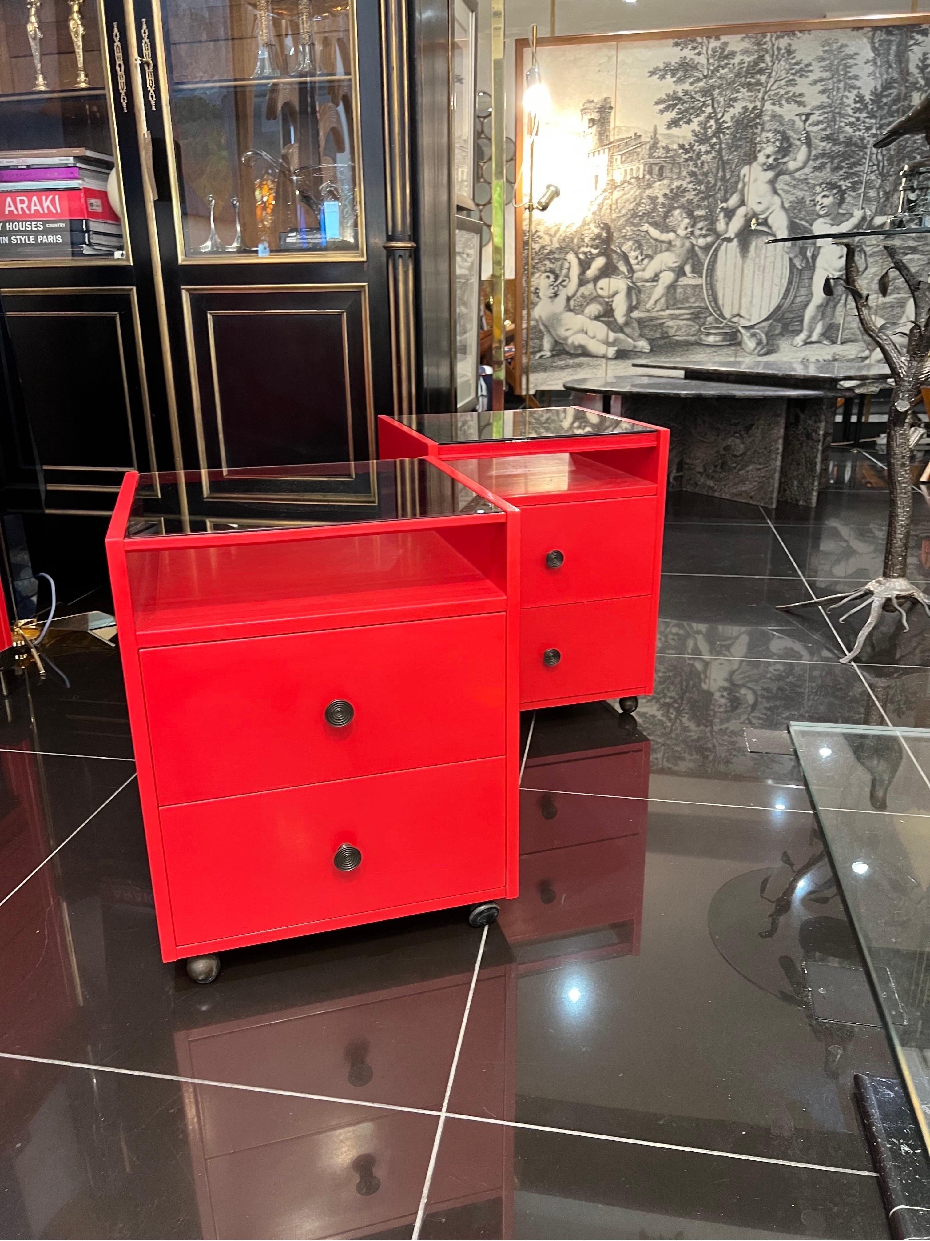Metal Iconic Three Drawers Commode and a Pair of Nightstands by Carlo De Carli For Sale