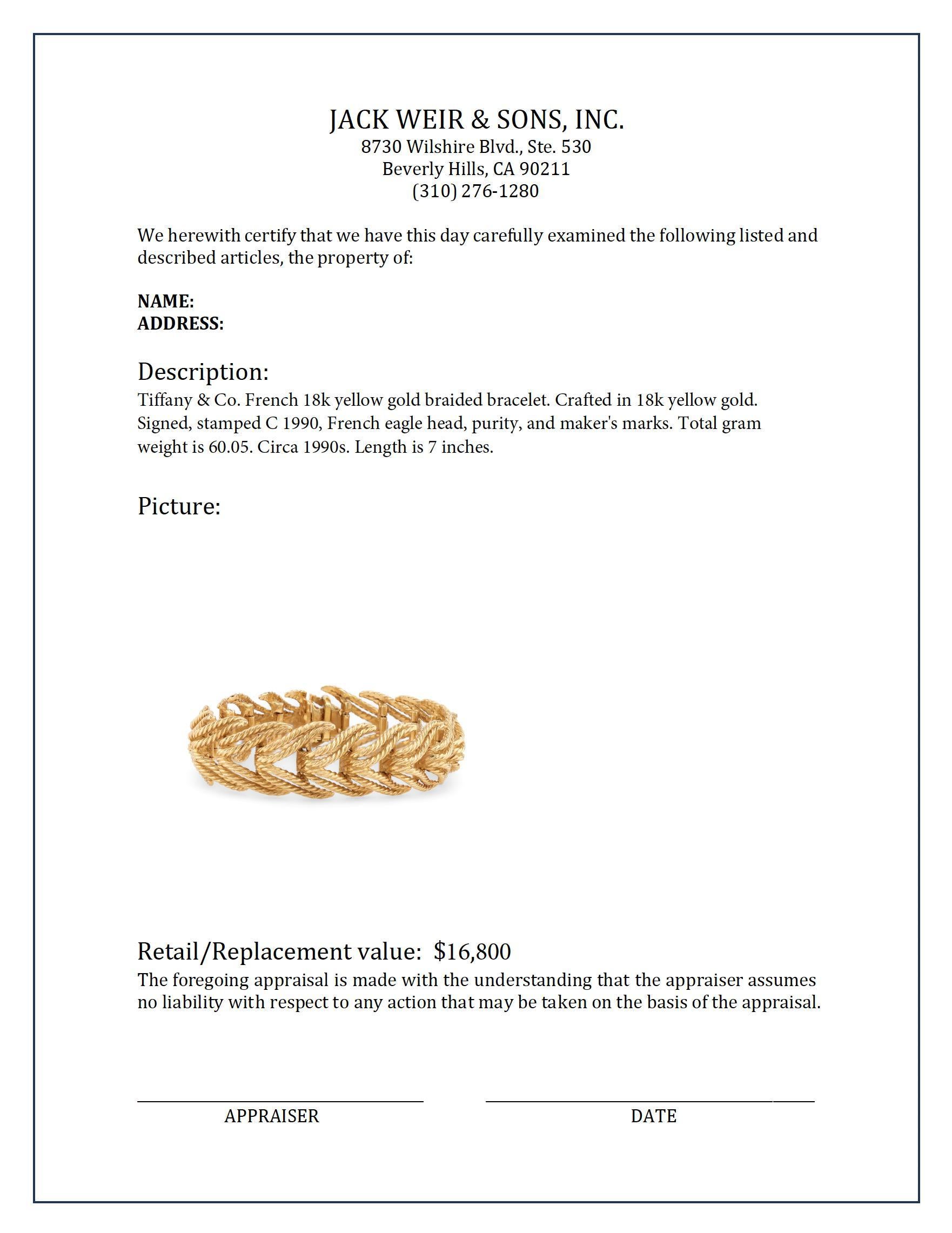 Ikonische Tiffany & Co. Französisches geflochtenes Armband aus 18 Karat Gelbgold für Damen oder Herren
