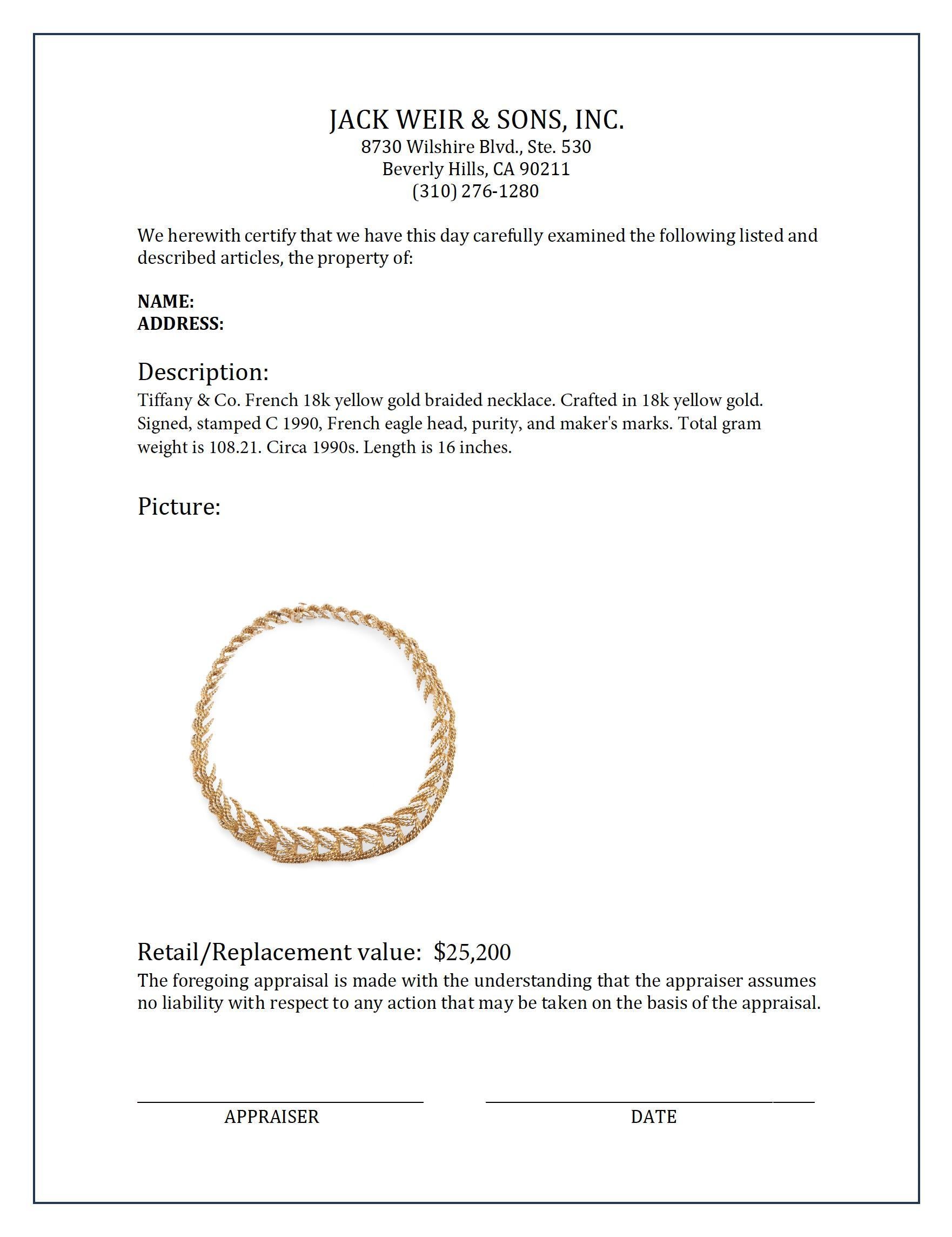 Ikonische Tiffany & Co. Französische geflochtene Halskette aus 18 Karat Gelbgold für Damen oder Herren
