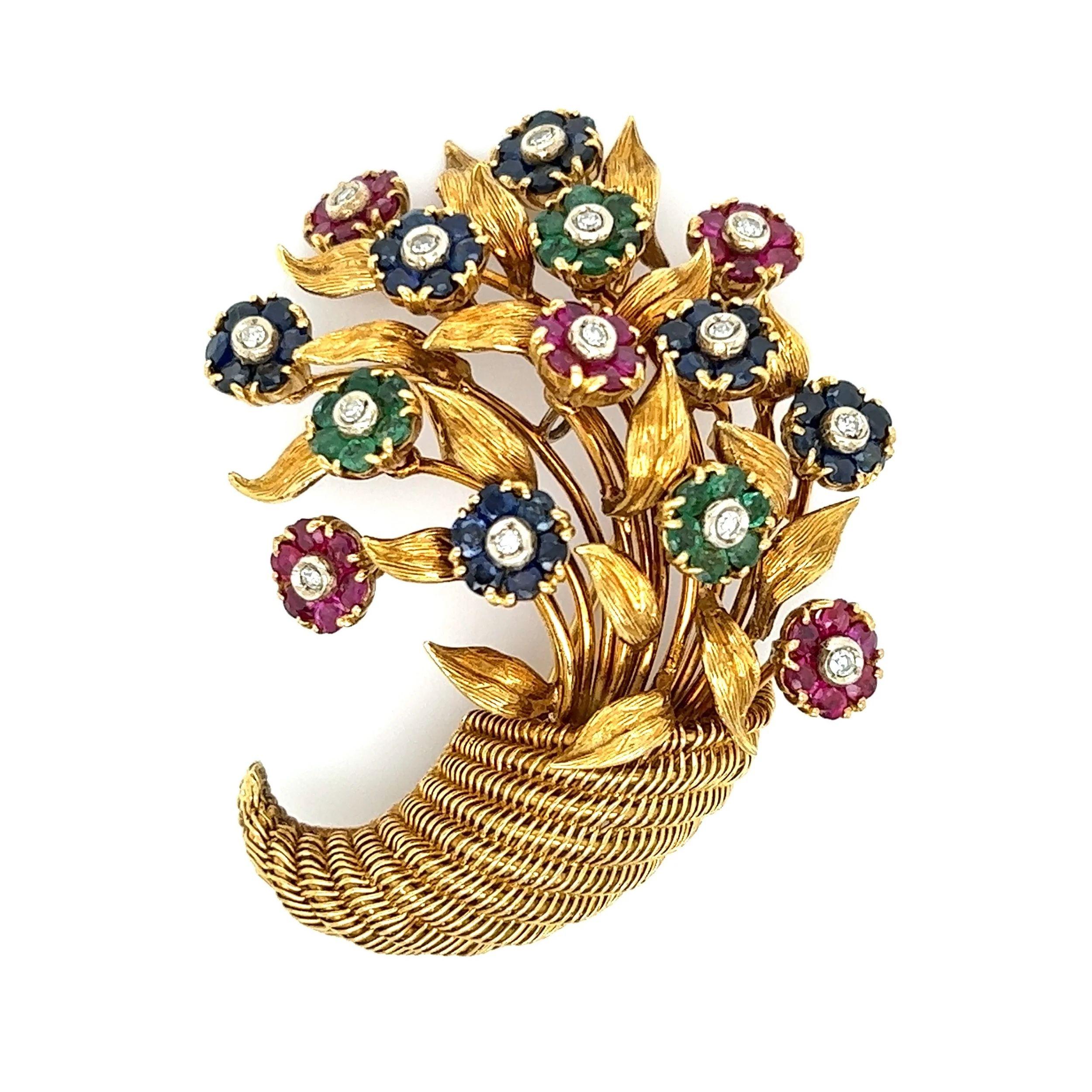 Simply Beautiful! Stylish and finely detailed Mid Century Modern Tiffany & Co. Italy Flower Basket Brooch Pin. Hand set, securely nestled, Articulating Diamond, Ruby, Sapphire and Emerald Gemstones. Featuring 14 Diamonds approx. 0.28tcw, 36