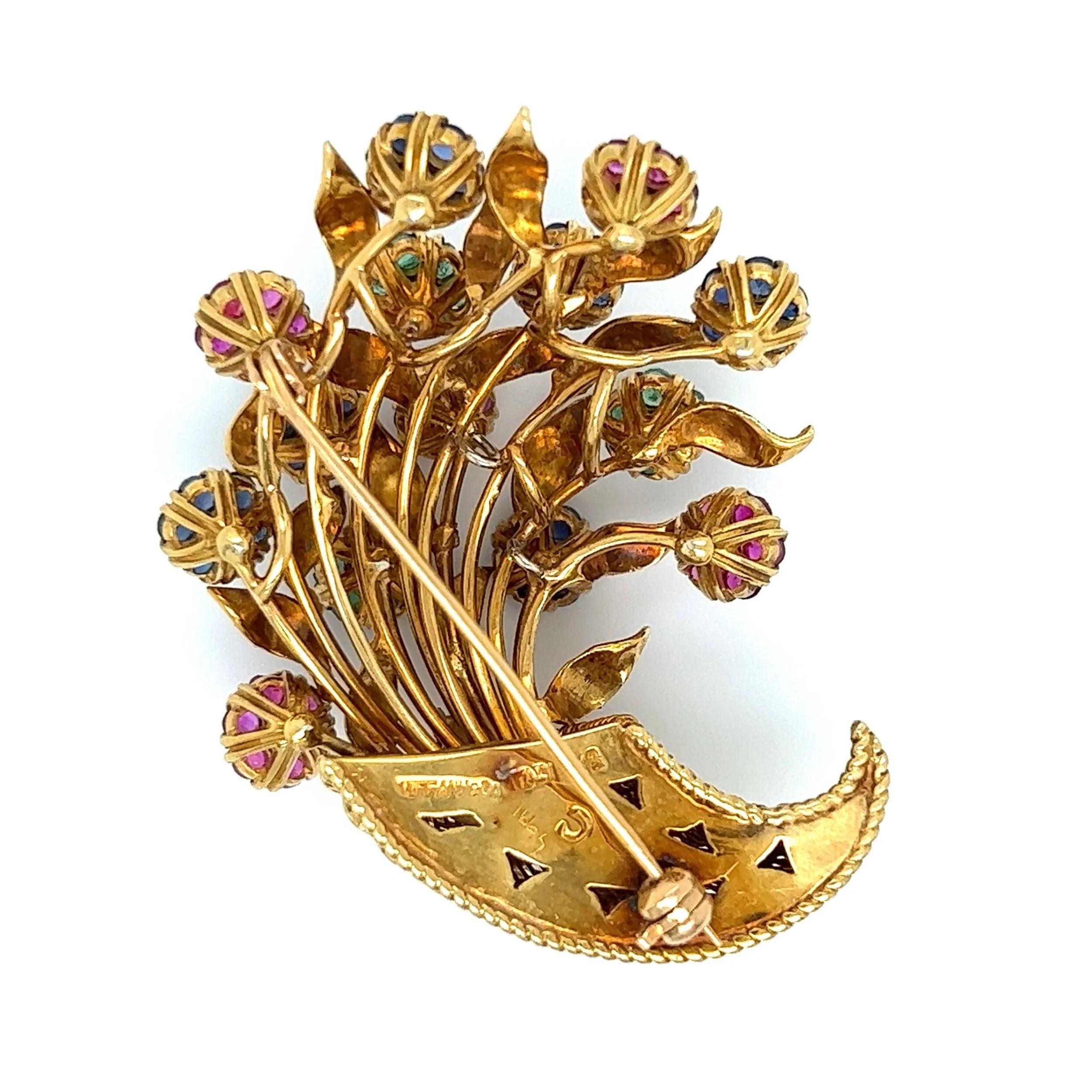 Modernist Iconic Tiffany & Co Multi Gemstone and Diamond Flower Basket Vintage Brooch Pin For Sale