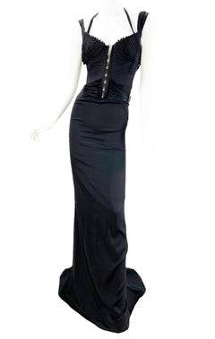 Iconic Tom Ford for Gucci F/W 2003 Runway Black Corset Stretch Dress Gown 38