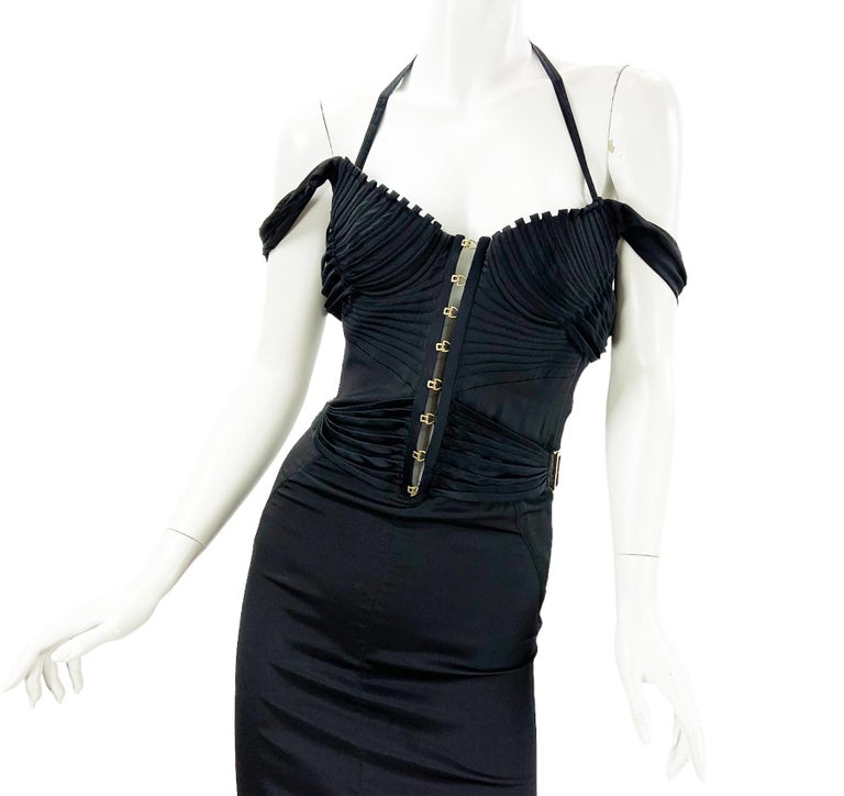 Iconic Tom Ford for Gucci F/W 2003 Runway Black Corset Stretch Dress Gown 38 For Sale 5