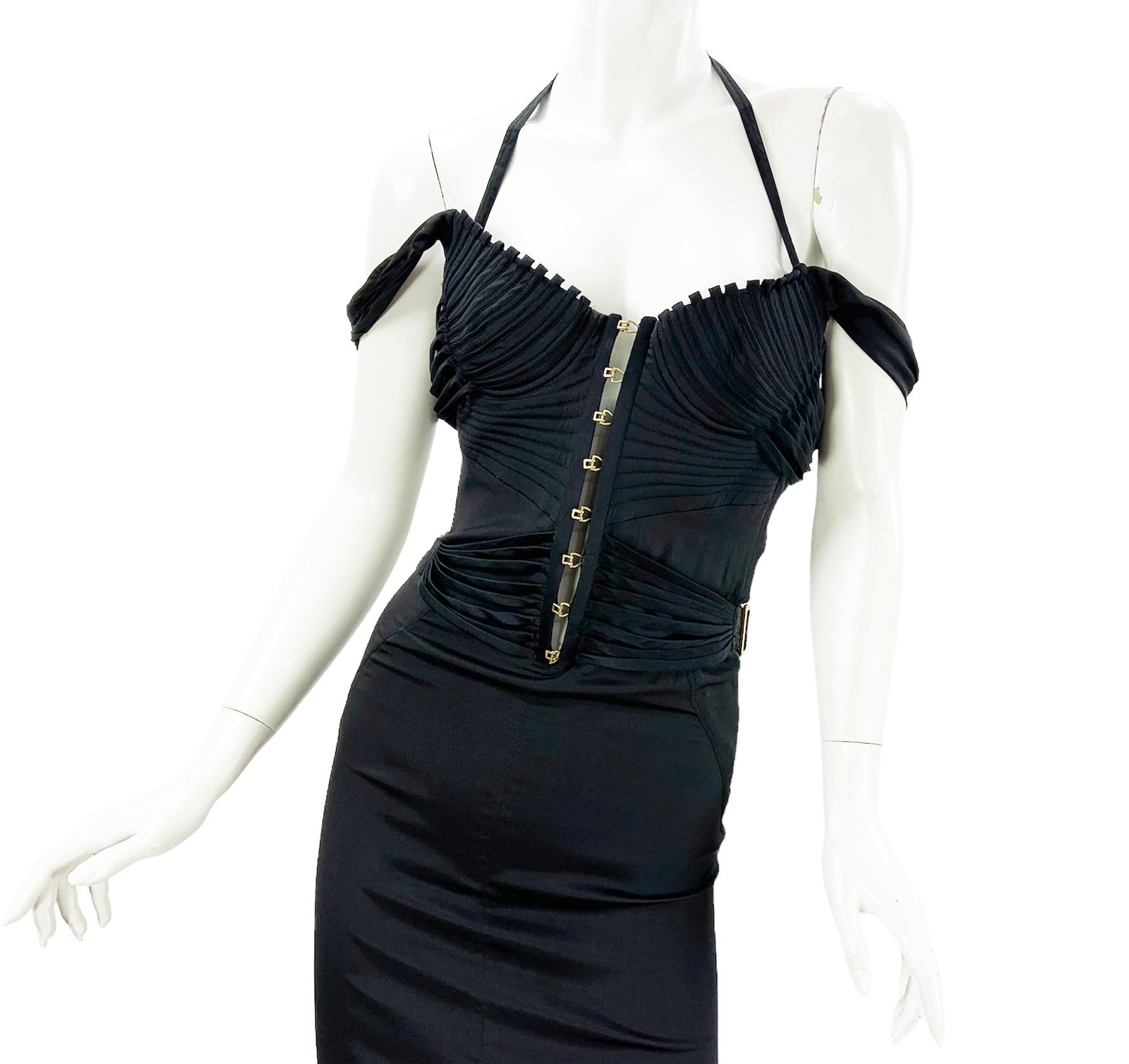 Iconic Tom Ford for Gucci F/W 2003 Runway Black Corset Stretch Dress Gown 38 5