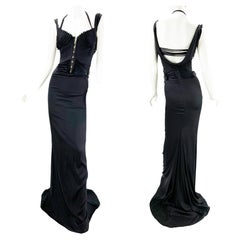 Iconic Tom Ford for Gucci F/W 2003 Runway Black Corset Stretch Dress Gown 38