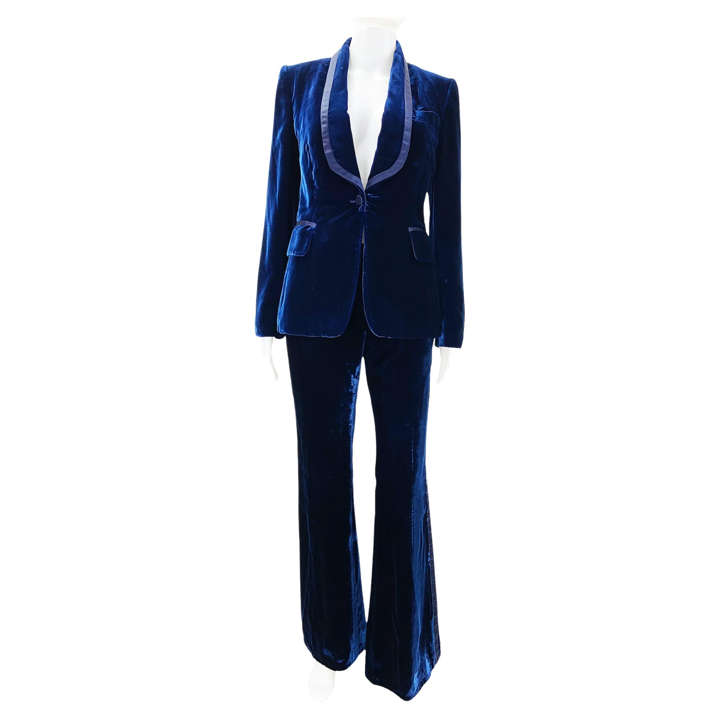 Iconic Tom Ford for Gucci Runway FW 2004 Blue Velvet Tuxedo Pant Suit It 38