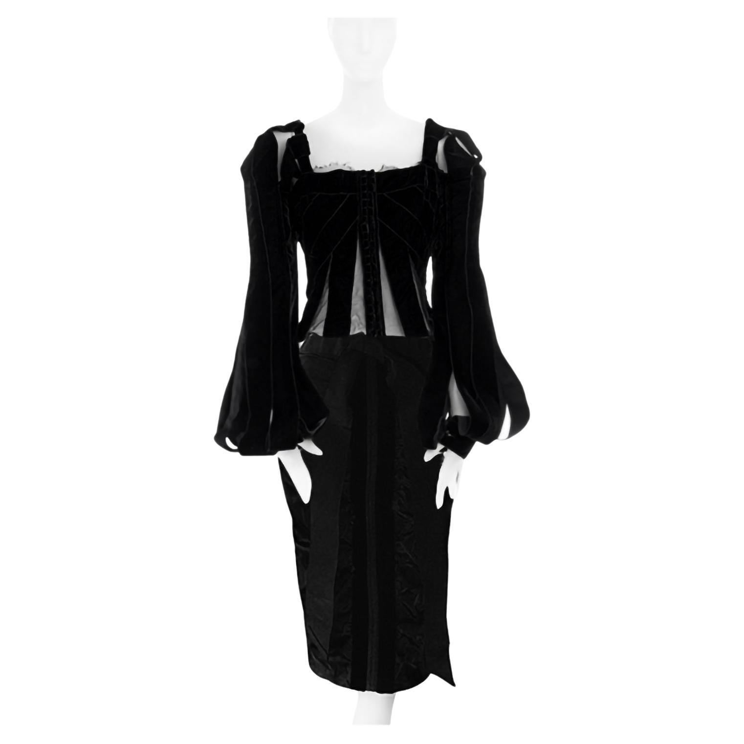 Iconic Tom Ford for Yves Saint Laurent FW2002 Runway Silk Black Corset and Skirt For Sale