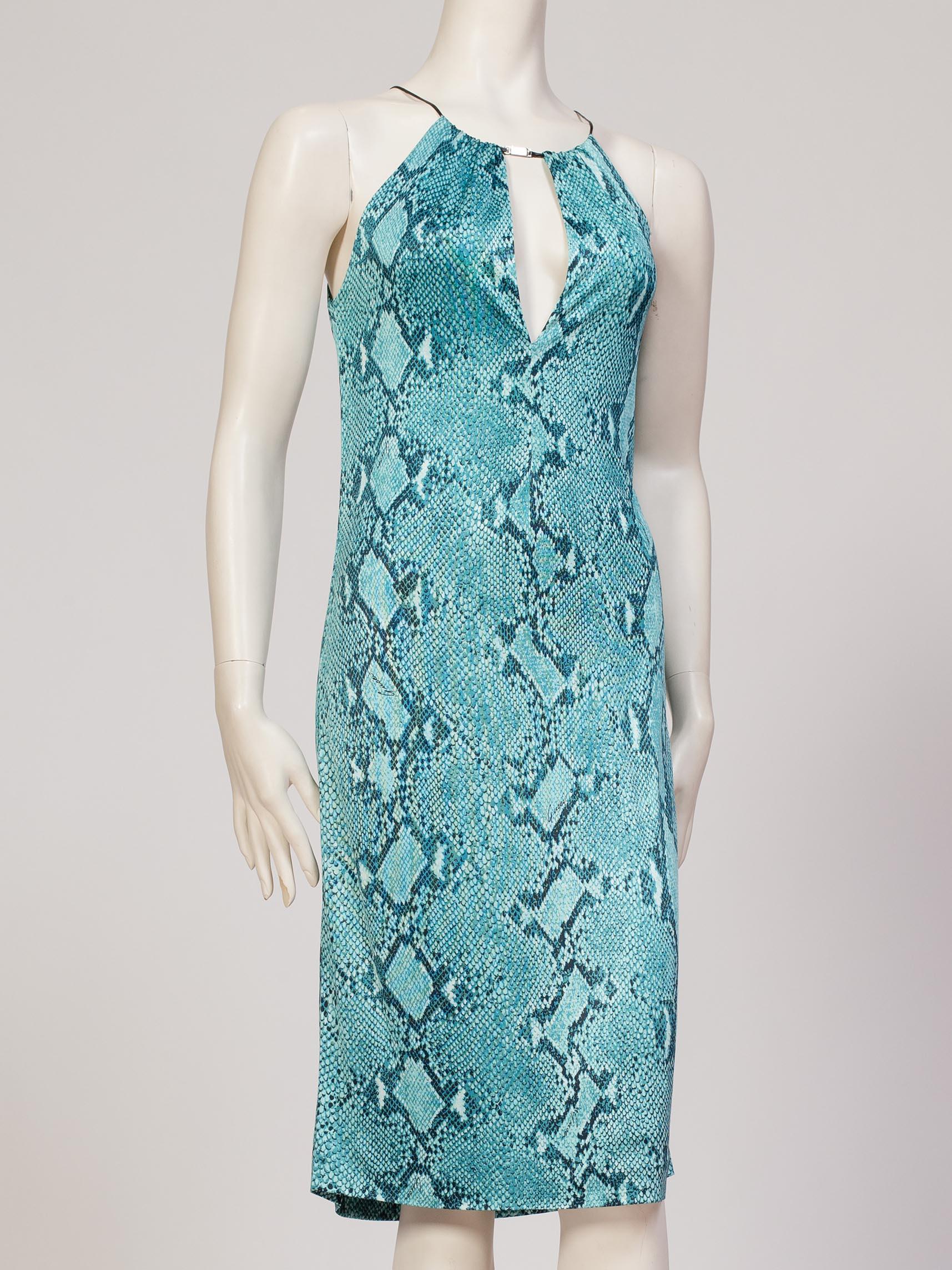 1990er TOM FORD GUCCI Iconic Teal Jersey Kleid mit Schlangendruck im Zustand „Gut“ im Angebot in New York, NY