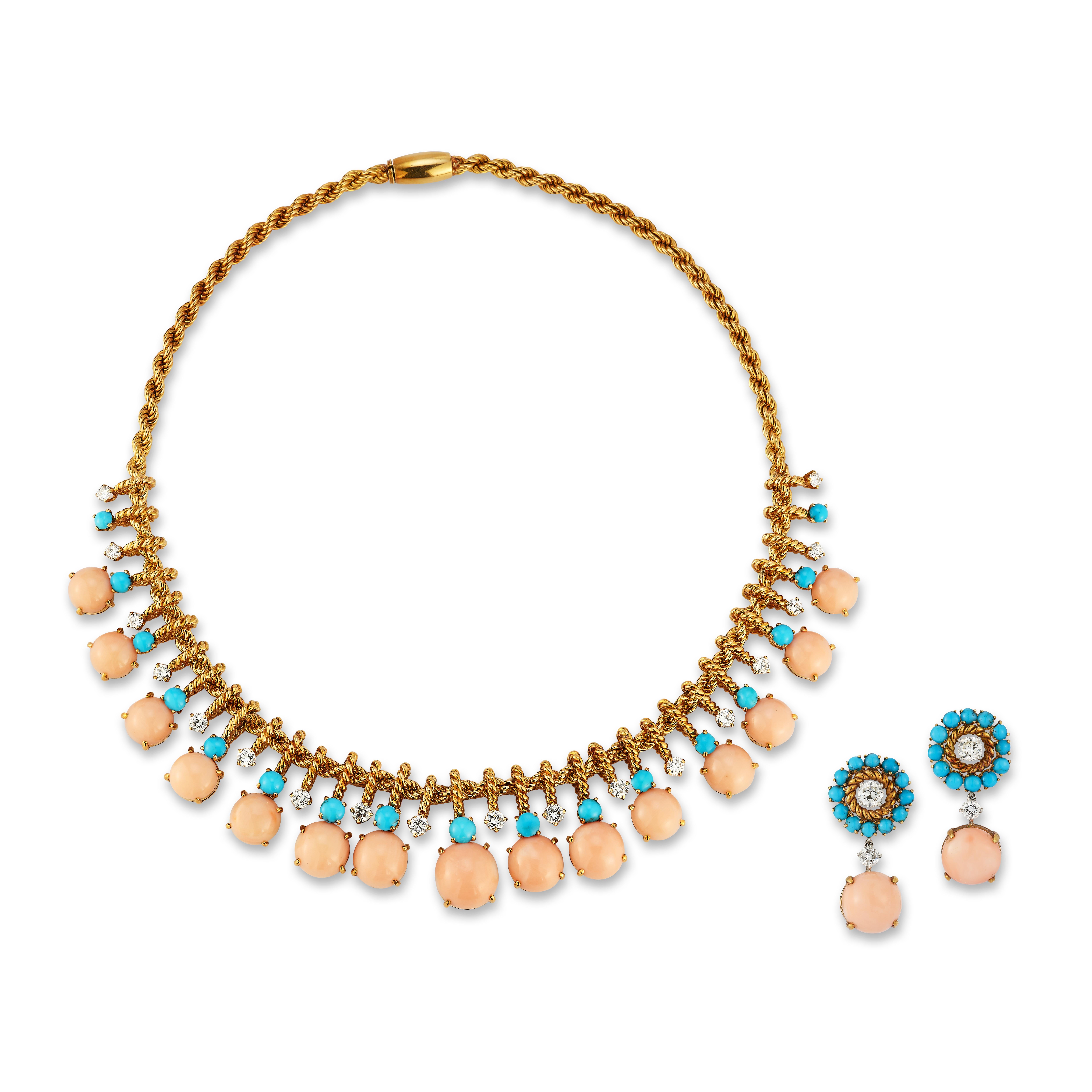 Iconic Van Cleef & Arpels Coral & Turquoise Necklace & Earrings Set

Both the necklace and earrings set with round cut diamonds, cabochon angel skin coral, and turquoise

Necklace Signed Van Cleef & Arpels NY and numbered
Earrings Signed Van Cleef &