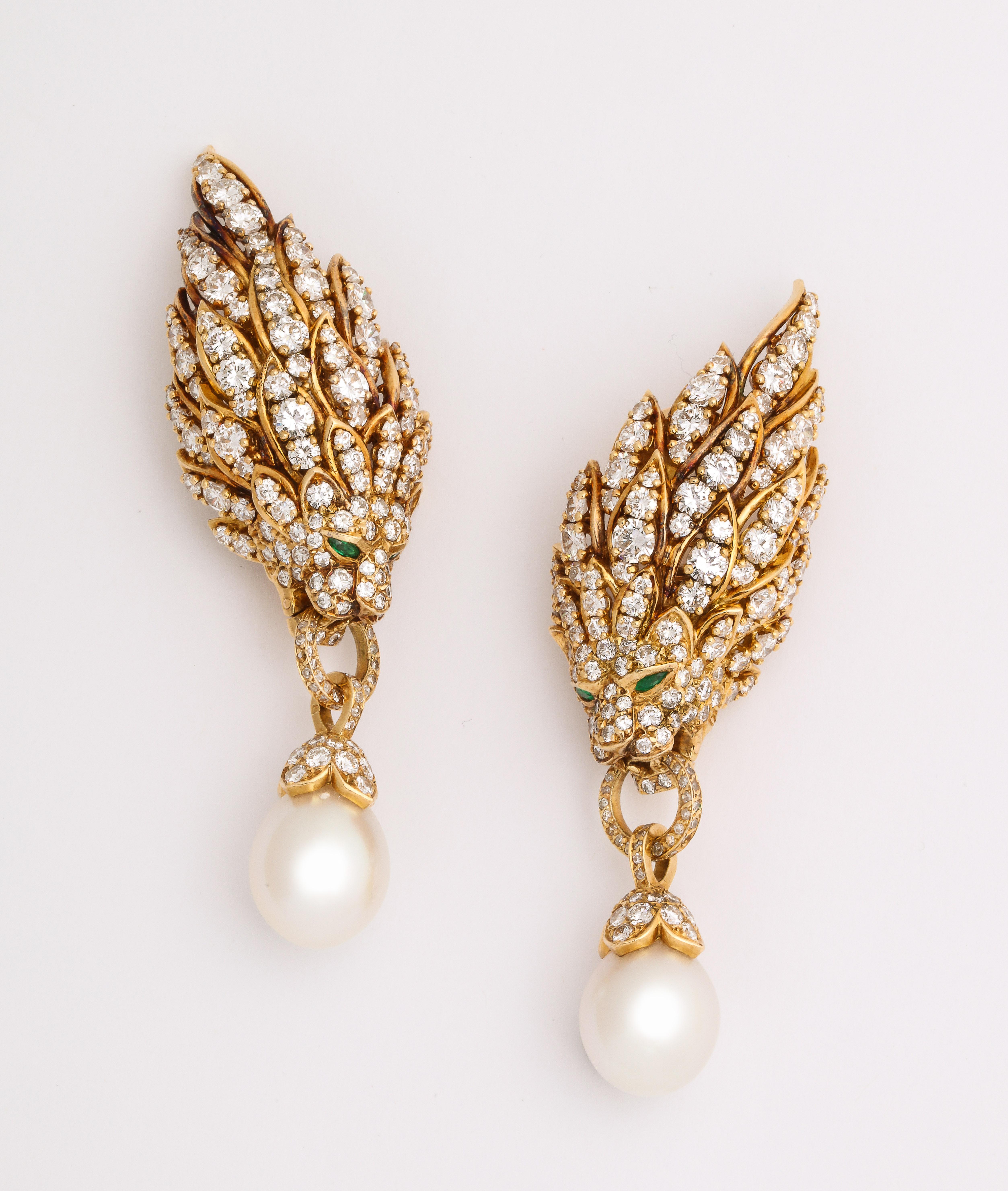 Women's Iconic Van Cleef & Arpels Pearl and Diamond Lion Head Earrings