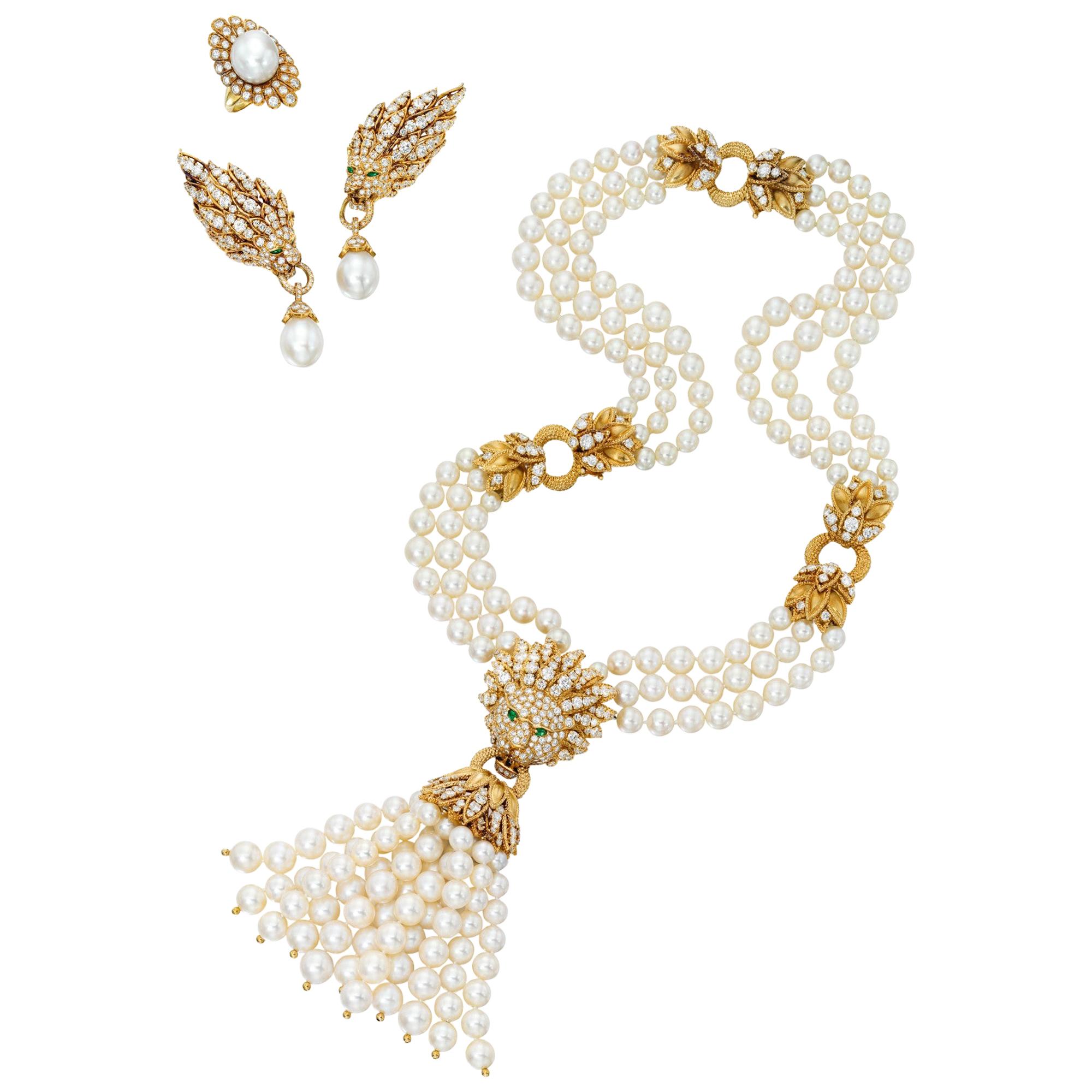 Iconic Van Cleef & Arpels Pearl and Diamond Lion Necklace, Earrings and Ring Set
