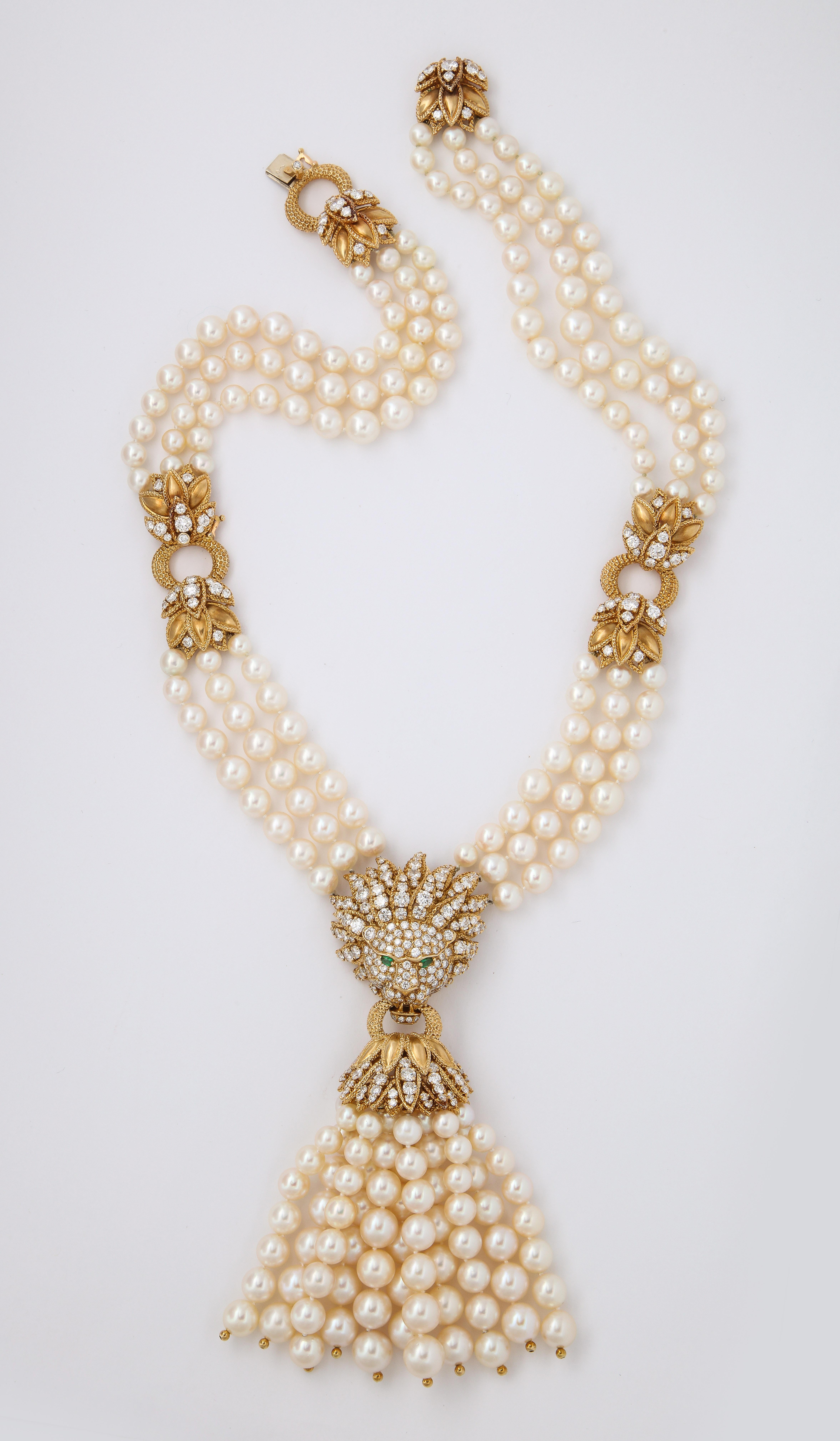 Halskette mit Löwenquasten von Van Cleef & Arpels, Perlen und Diamanten im Zustand „Hervorragend“ in New York, NY