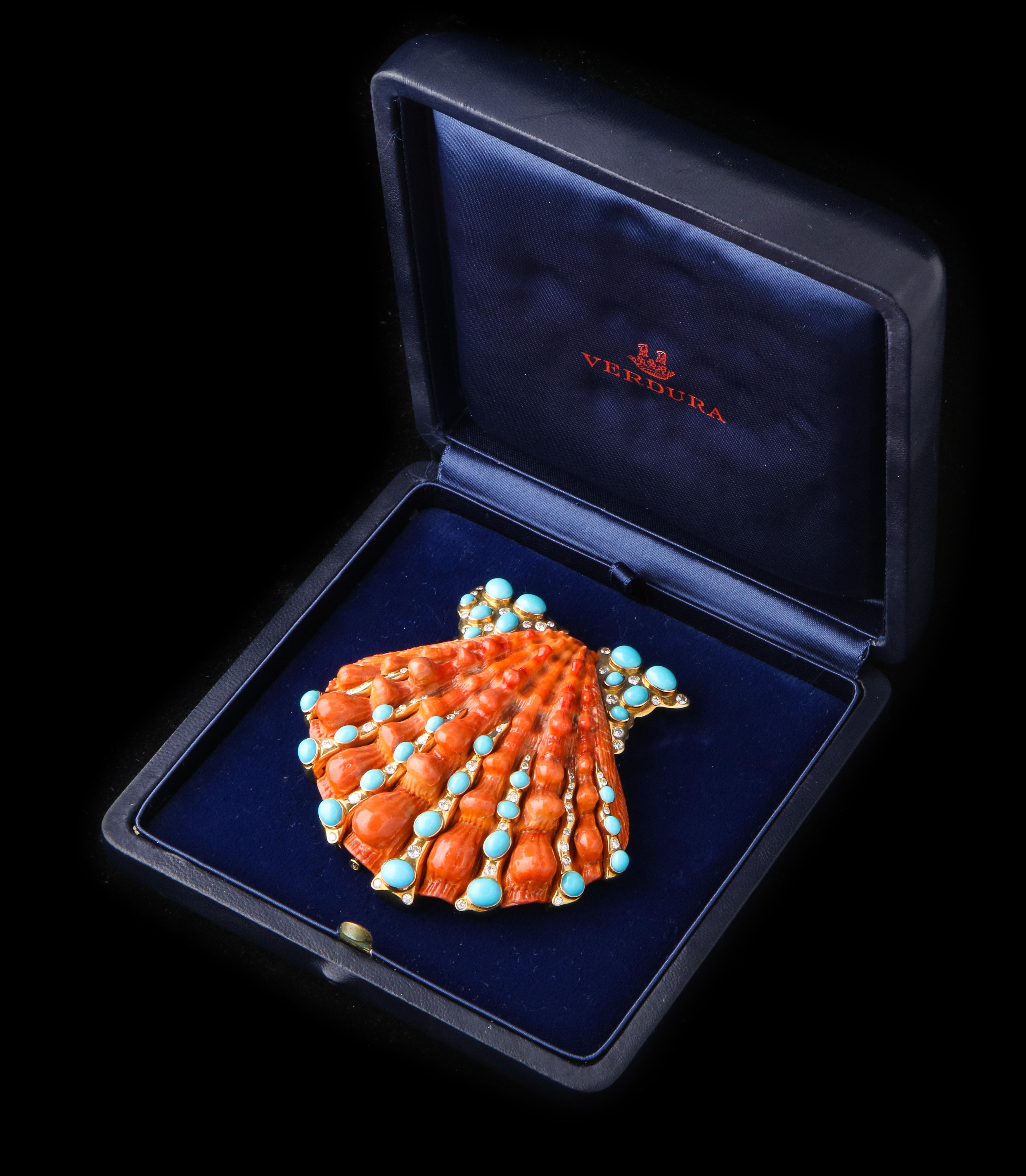 Iconic Verdura Shell Brooch

One of Fulco Verdura's most iconic designs in this very large lions paw shell brooch set in 18 karat gold with turquoise and diamonds.

With original box and certificate of authenticity.

Literature: For sketch of