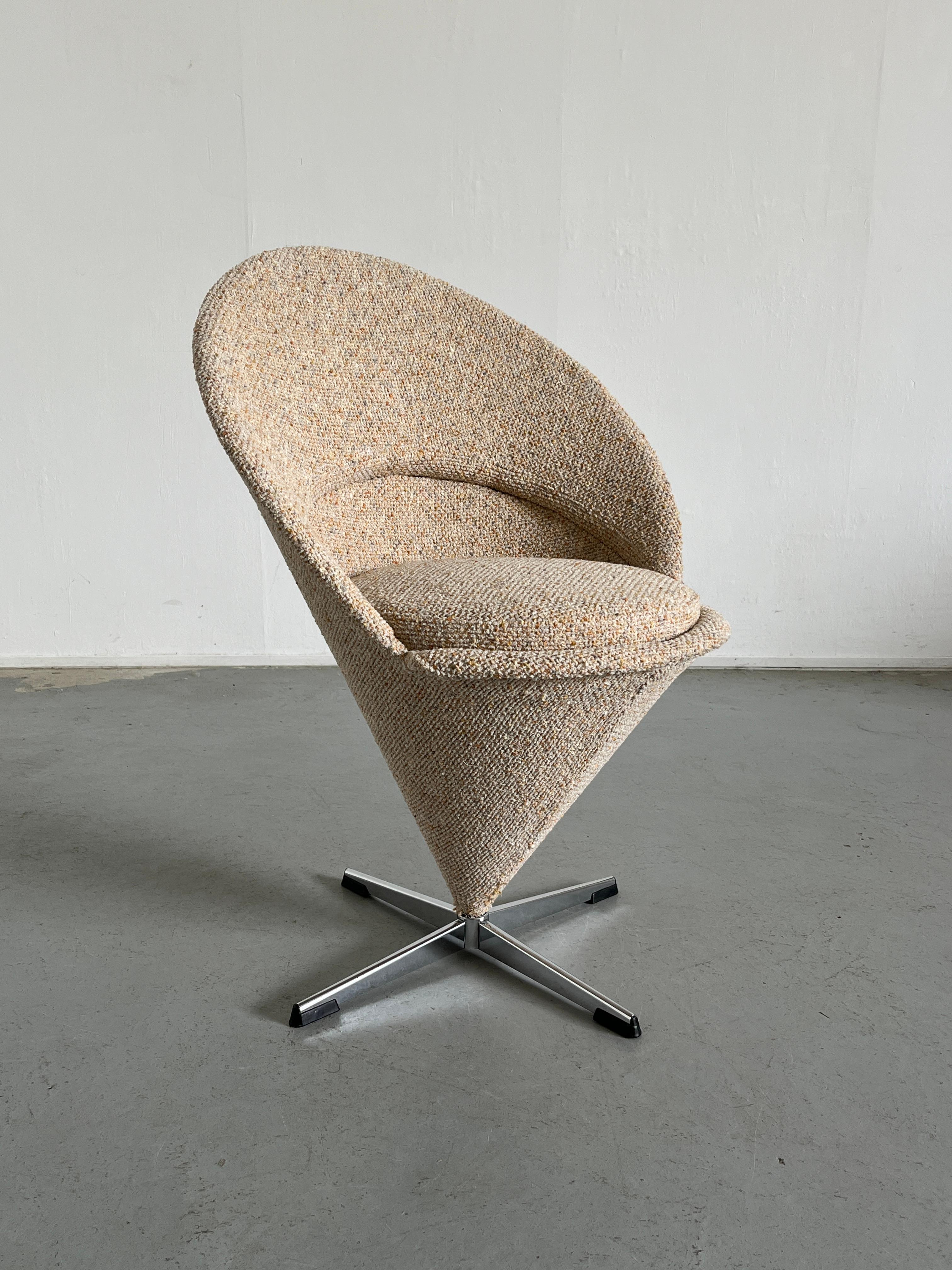 One of the most popular design icons, the Cone chair designed by Verner Panton in 1958, originally created as part of a complete redesign of the Kom Igen restaurant's interior. The armchair owes its name to its simple, conical shape with graceful