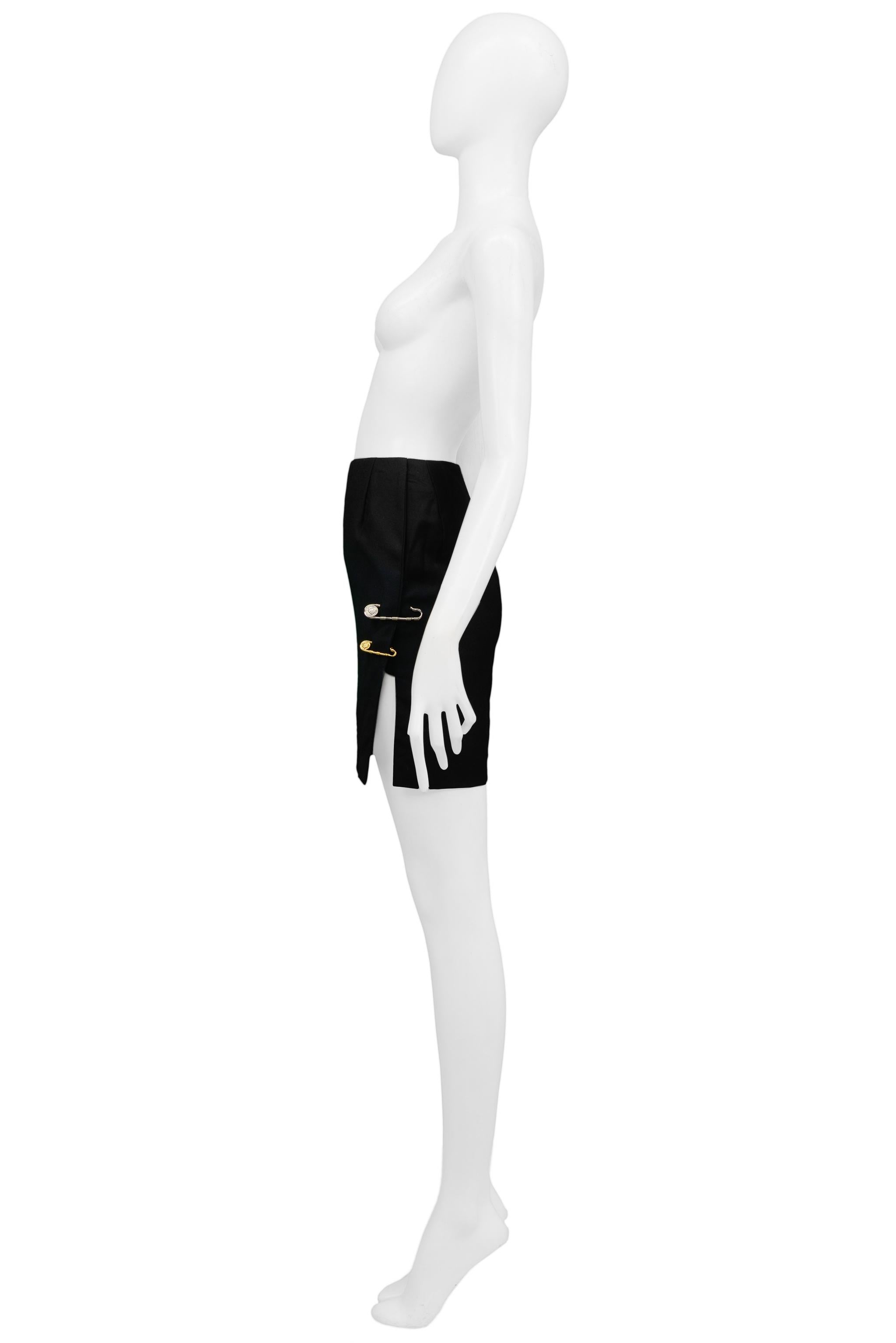 Iconic Versace Black Mini Skirt With Safety Pins & Slit 1994 For Sale 2