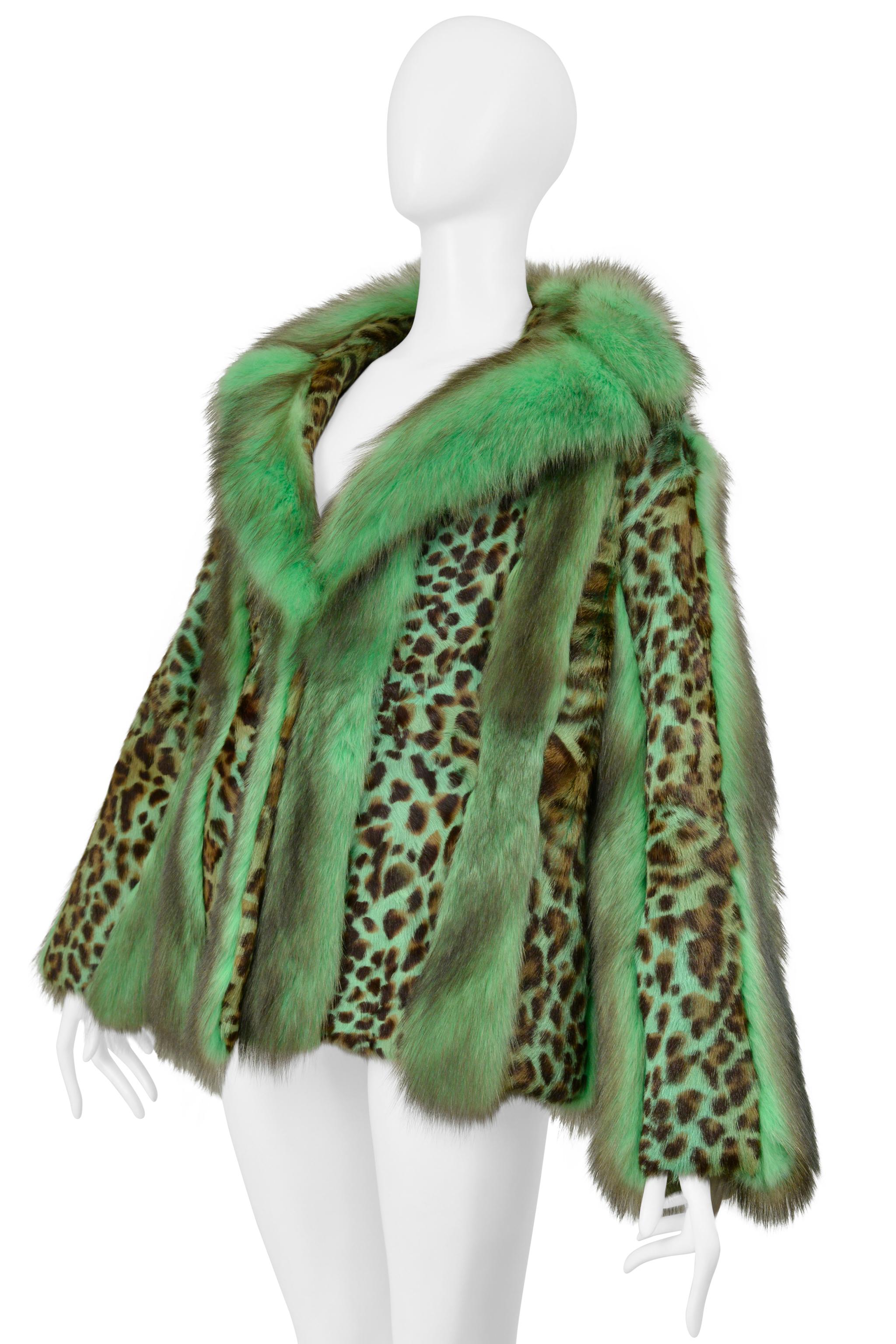Iconic Versace Green Fox Fur & Leopard Print Coat 2004 In Excellent Condition In Los Angeles, CA