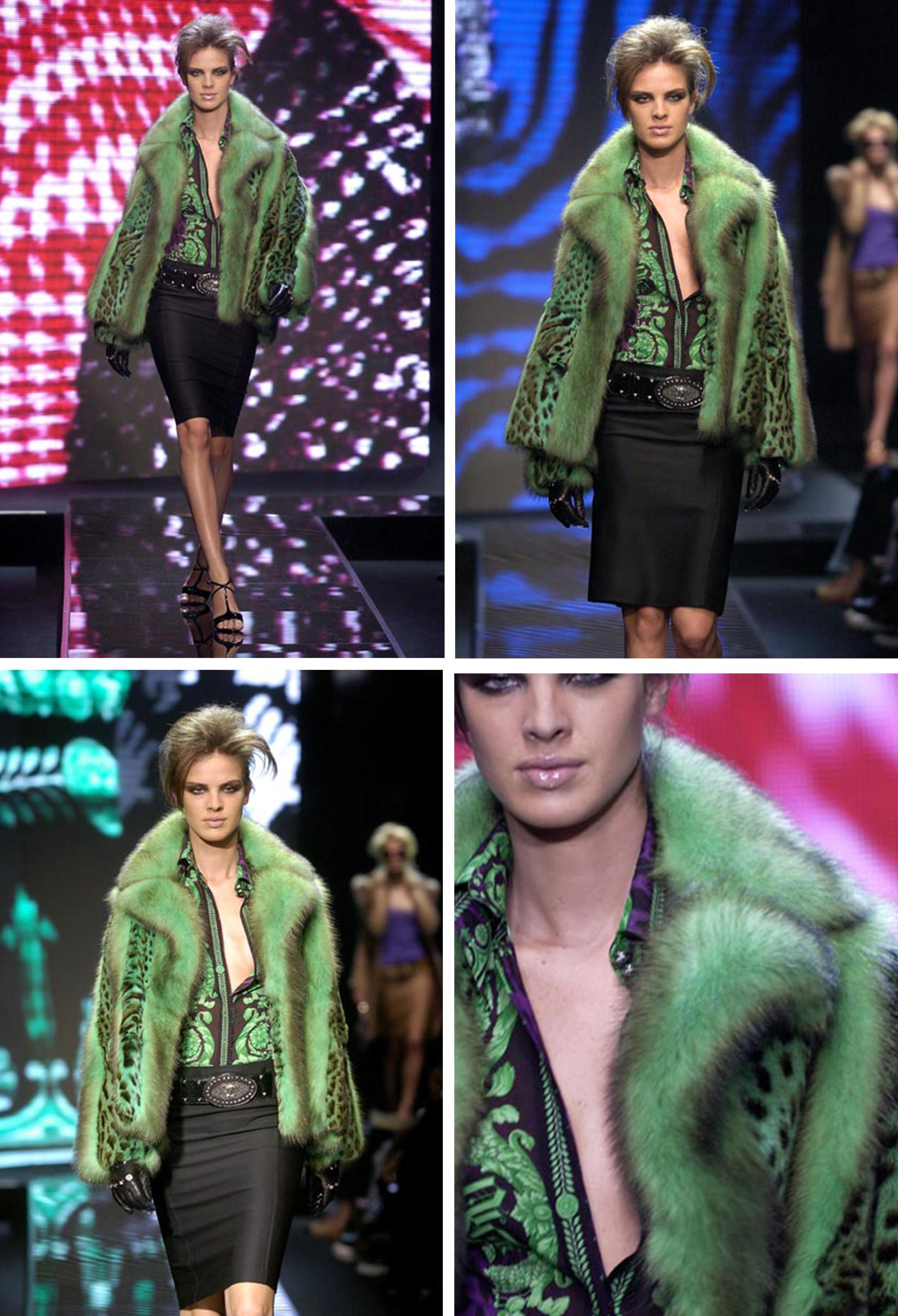 Iconic Versace Green Fox Fur & Leopard Print Coat 2004 3