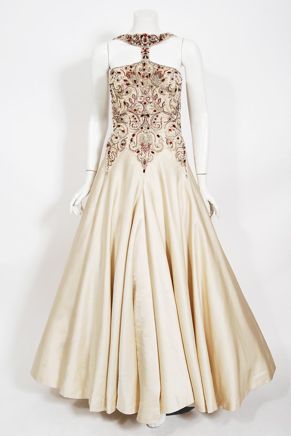 Iconic 1996 Madonna 'Evita' Film-Worn Beaded Ivory Silk Couture Archival Gown For Sale 6