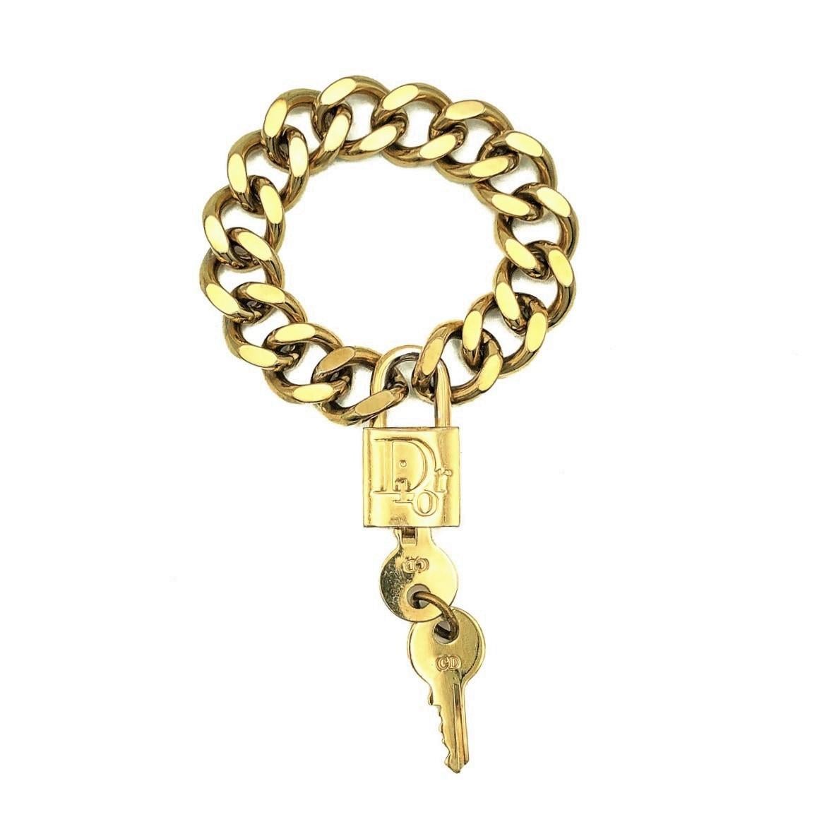 Iconic Vintage Galliano for Christian Dior Gold Padlock & Key Bracelet 2000s In Good Condition For Sale In Wilmslow, GB