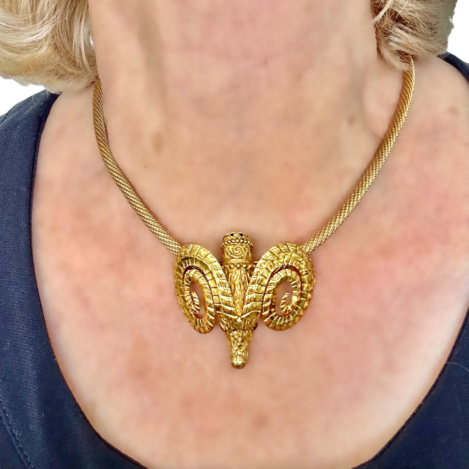 Iconic Vintage Gold Rams Head Brooch by Lalaounis with Unbranded Gold Necklace For Sale 8