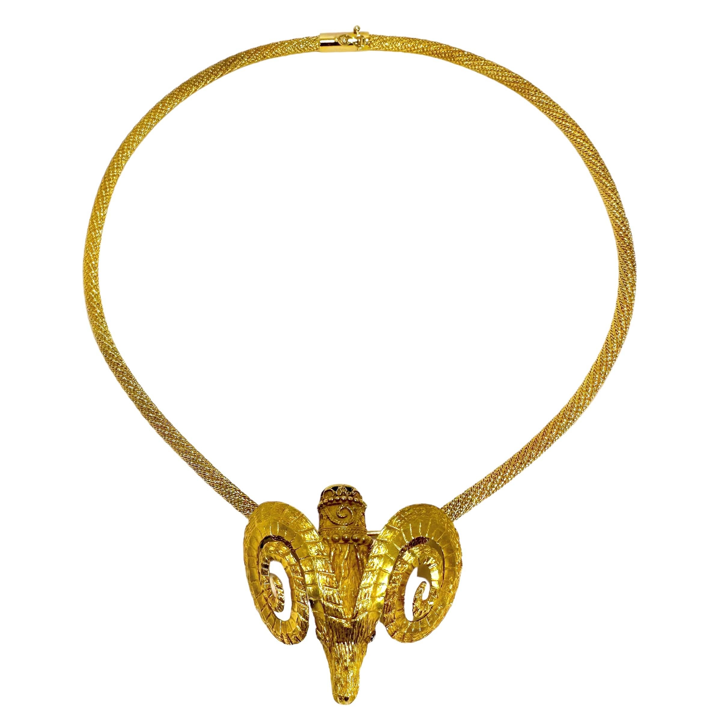 Classical Greek Iconic Vintage Gold Rams Head Brooch by Lalaounis with Unbranded Gold Necklace For Sale