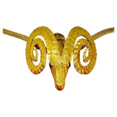 Iconic Vintage Gold Rams Head Brooch by Lalaounis with Unbranded Gold Necklace