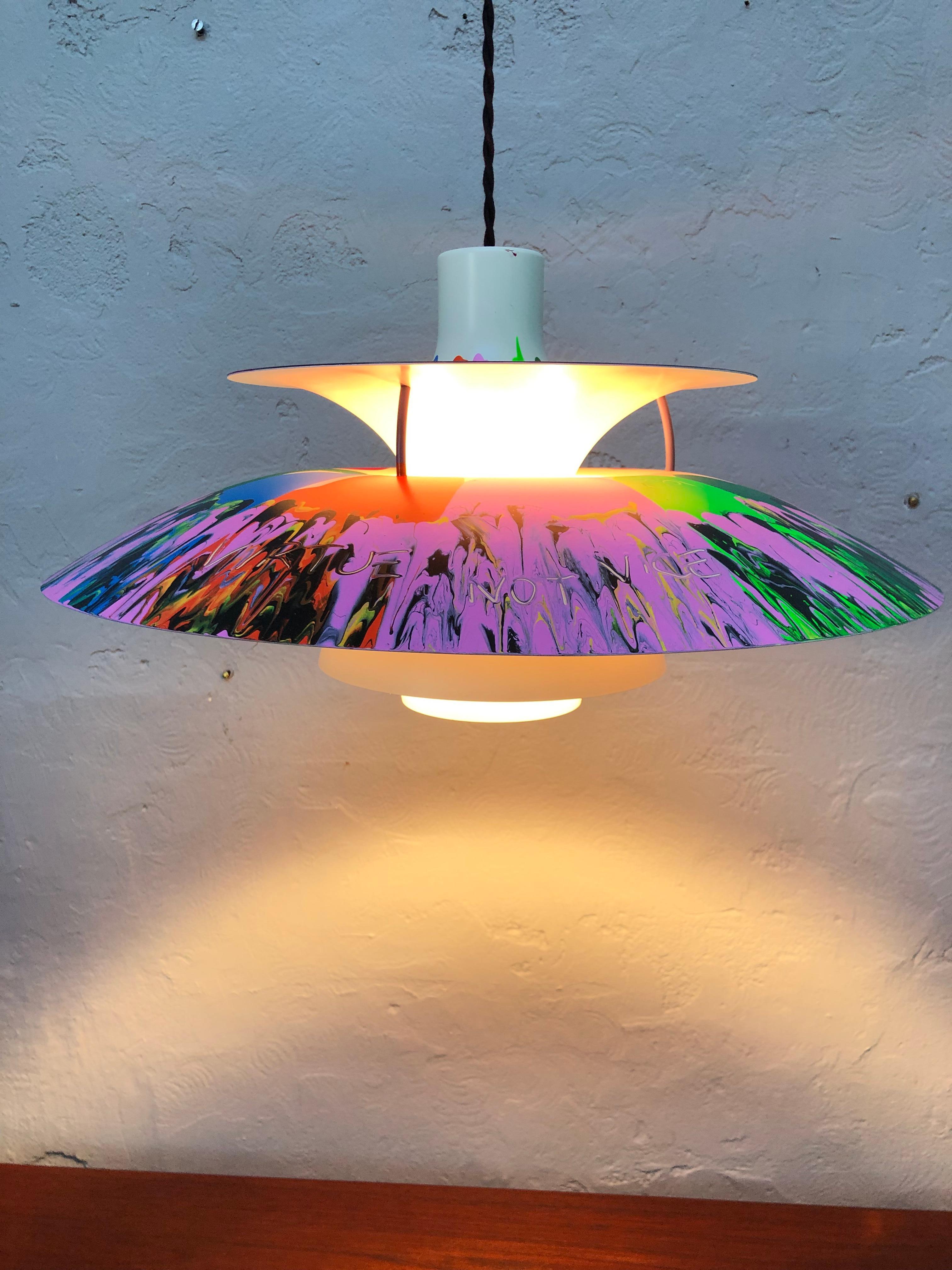 Iconic Vintage PH5 chandelier by Poul Henningsen for Louis Poulsen of Denmark from the 1970s with abstract art work by G61.
Titled “Virtue Not Vice” 
The art work is acrylic paint with a clear coat finish on top. 
All types of abstract art share a
