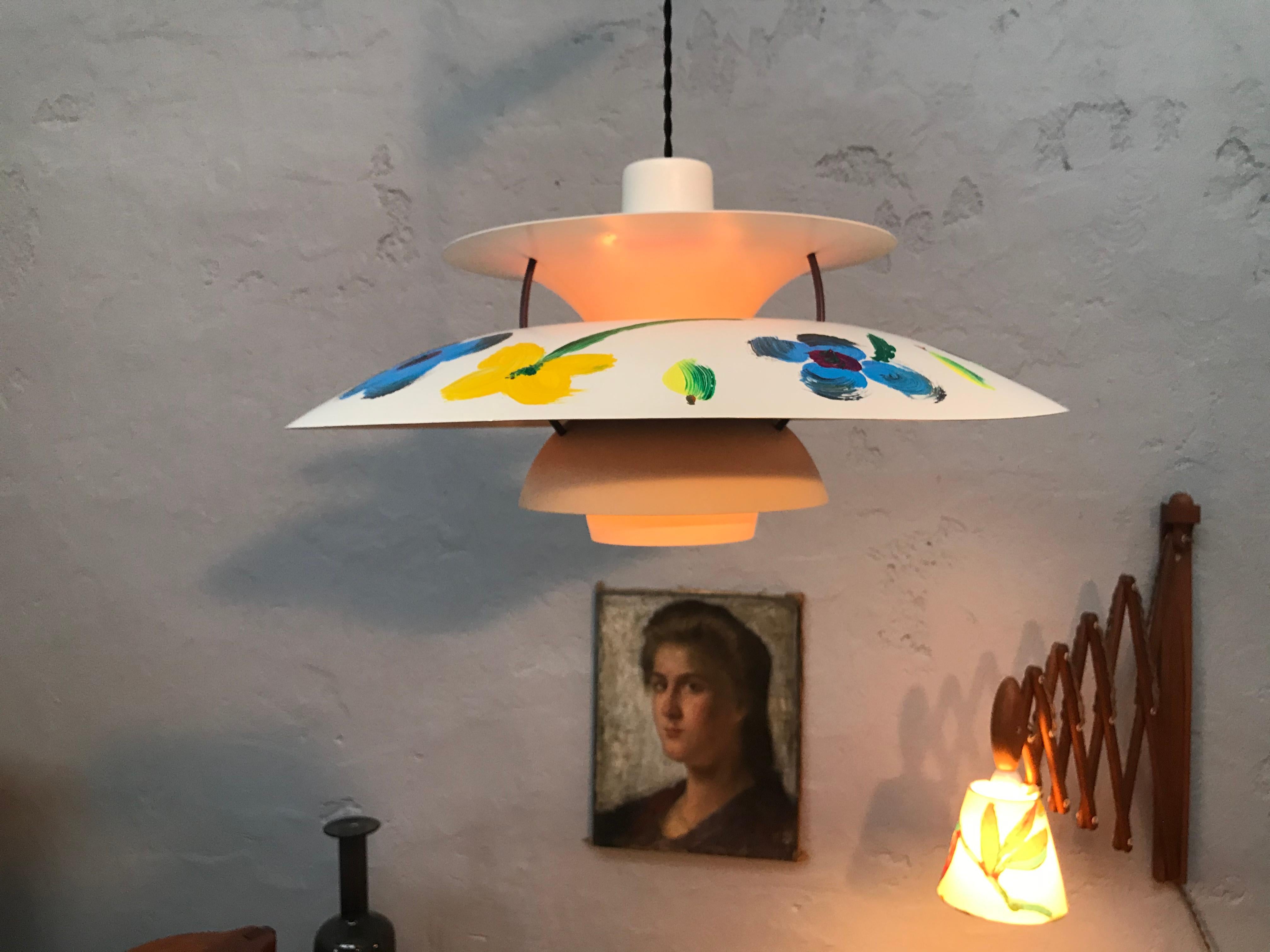 Danish Iconic Vintage PH5 Chandelier for L. Poulsen of DK in White with Art Work For Sale