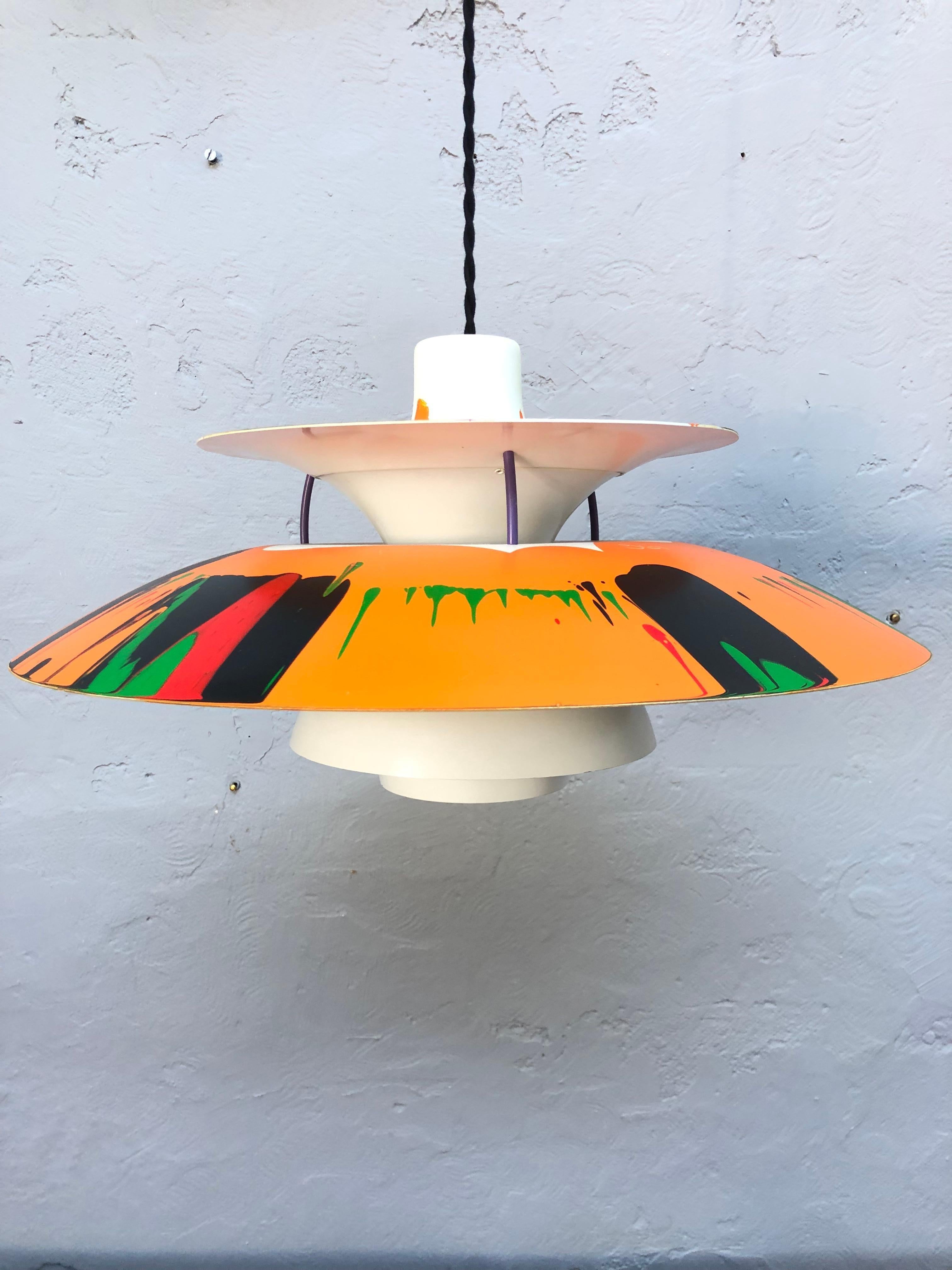 Iconic Vintage PH5 chandelier by Poul Henningsen for Louis Poulsen of Denmark from the 1960s with abstract art work by G61.
Titled “ kaleidoscope”
The art work is acrylic paint with a clear coat finish on top. 
All types of abstract art share a