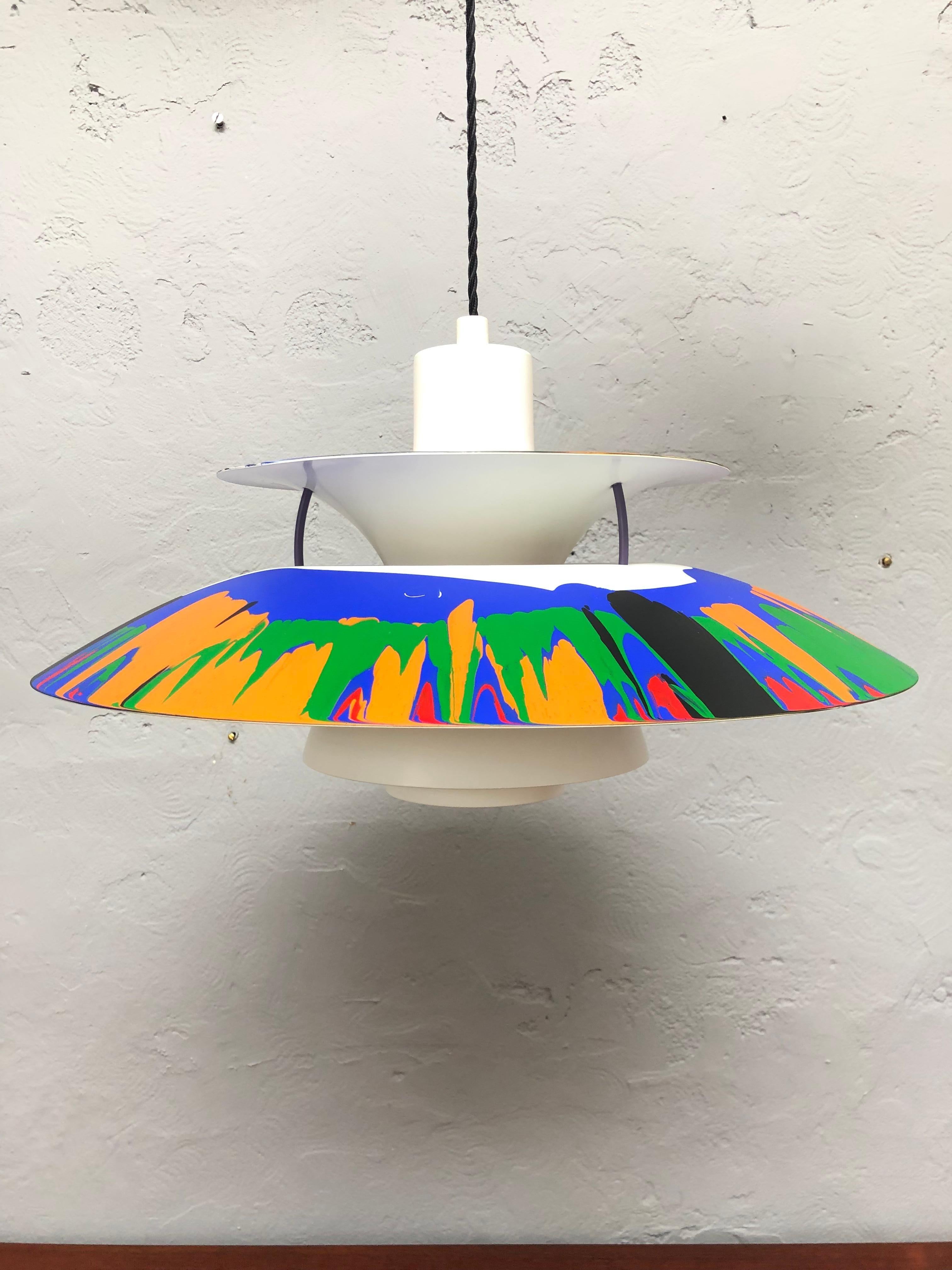 Iconic Vintage PH5 chandelier by Poul Henningsen for Louis Poulsen of Denmark from the 1990s with abstract art work by G61.
Entitled “ Migration” 
The art work is acrylic paint with a clear coat finish on top. 
All types of abstract art share a