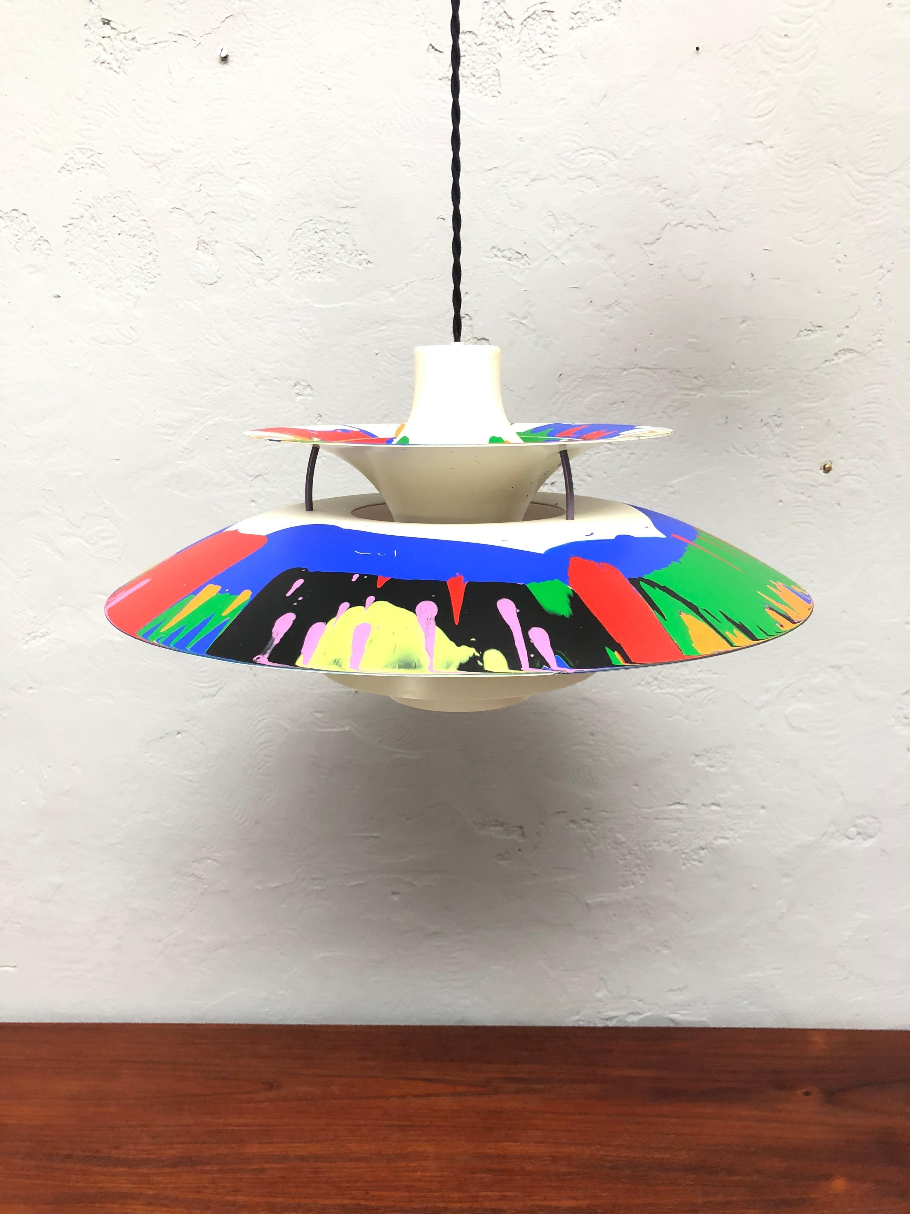 Iconic Vintage PH5 chandelier by Poul Henningsen for Louis Poulsen of Denmark from the 1990s with abstract art work by G61.
Entitled “ Maasai”
The art work is acrylic paint with a clear coat finish on top. 
All types of abstract art share a common